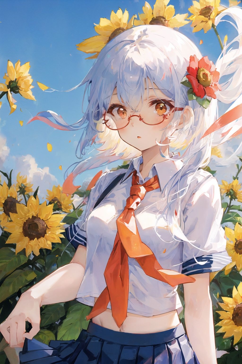 art by Cornflower, dreamy,(pote, 1girl, flower, solo, sunflower, skirt, yellow flower, looking at viewer, white shirt, navel, shirt, short sleeves, blush, multicolored eyes, school uniform, long hair, white hair, pleated skirt, bangs, outdoors, red eyes, necktie, blue skirt, red necktie, floating hair, blurry, midriff, orange flower, red flower, blue flower, midriff peek, hand up, upper body, breasts, wind, collared shirt, lens)  <hypernet:Cornflower_Mirage:1>