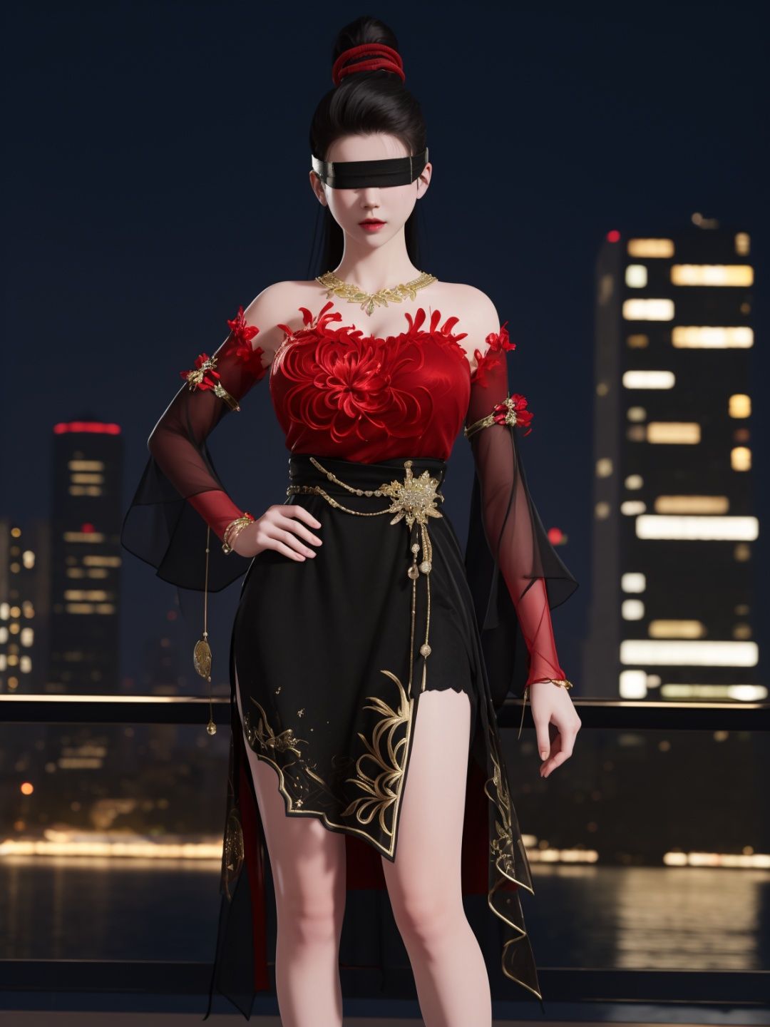 YJWJninghongyeYSHH, 1girl, blindfold, black hair, ponytail, long hair, solo,dress, bare legs, jewelry, necklace,standing,  <lora:YJWJninghongyeYSHH:0.75>,cityscape, night, hand on hip, mature female, red,