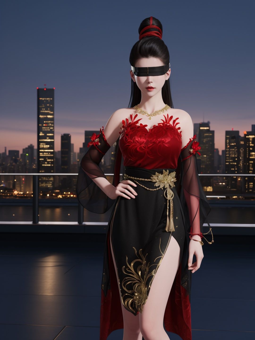 YJWJninghongyeYSHH, 1girl, blindfold, black hair, ponytail, long hair, solo,dress, bare legs, jewelry, necklace,standing,  <lora:YJWJninghongyeYSHH:0.75>,cityscape, night, hand on hip, mature female, red,