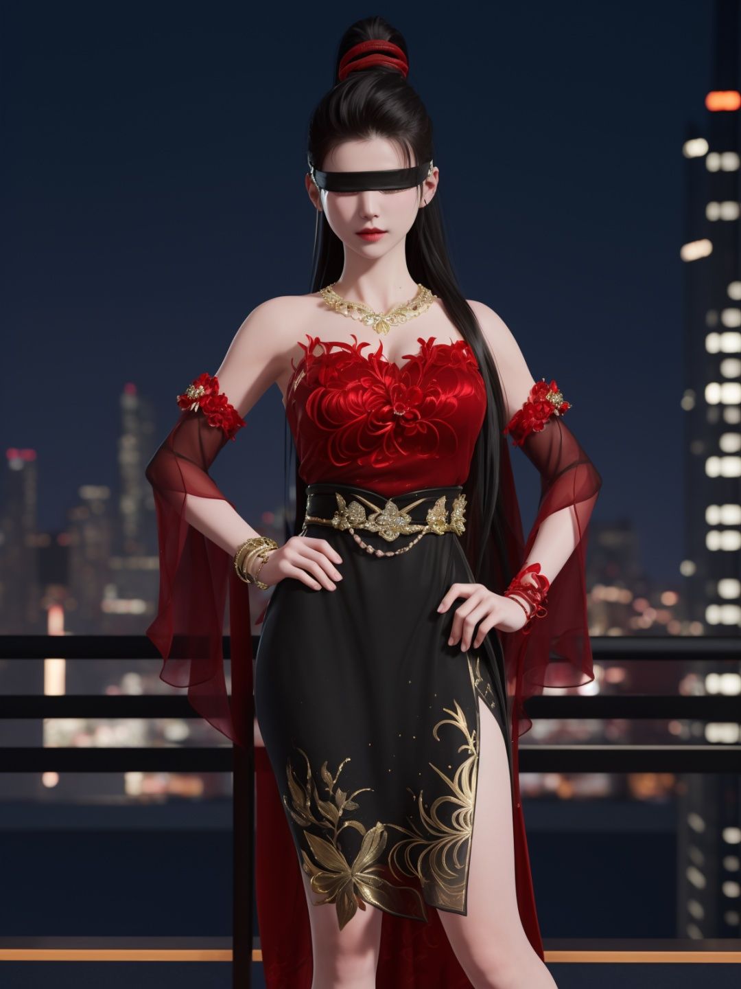 YJWJninghongyeYSHH, 1girl, blindfold, black hair, ponytail, long hair, solo,dress, bare legs, jewelry, necklace,standing,  <lora:YJWJninghongyeYSHH:0.75>,cityscape, night, hand on hip, mature female, red,