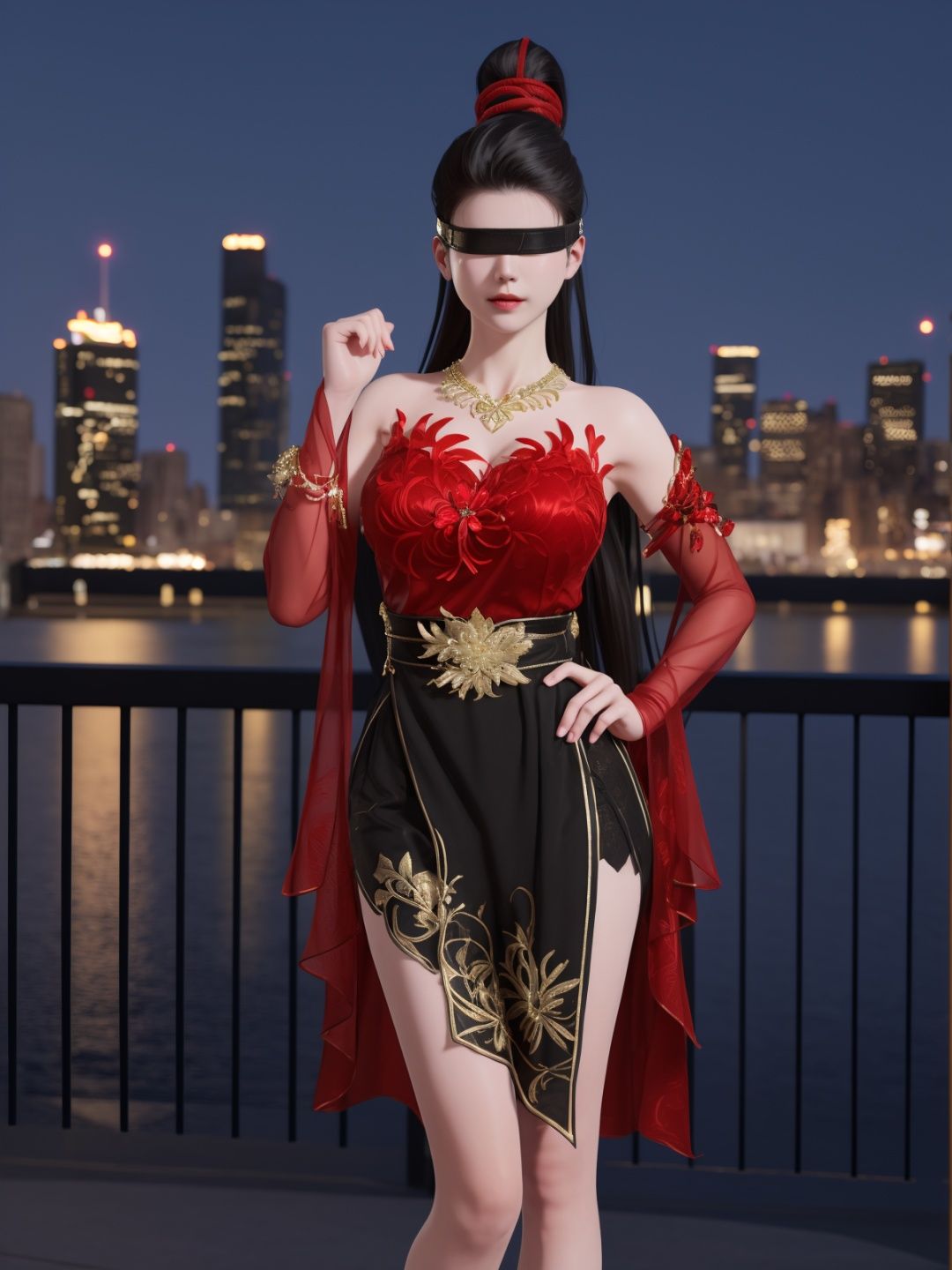 YJWJninghongyeYSHH, 1girl, blindfold, black hair, ponytail, long hair, solo,dress, bare legs, jewelry, necklace,standing,  <lora:YJWJninghongyeYSHH:0.75>,cityscape, night, hand on hip, mature female, red,