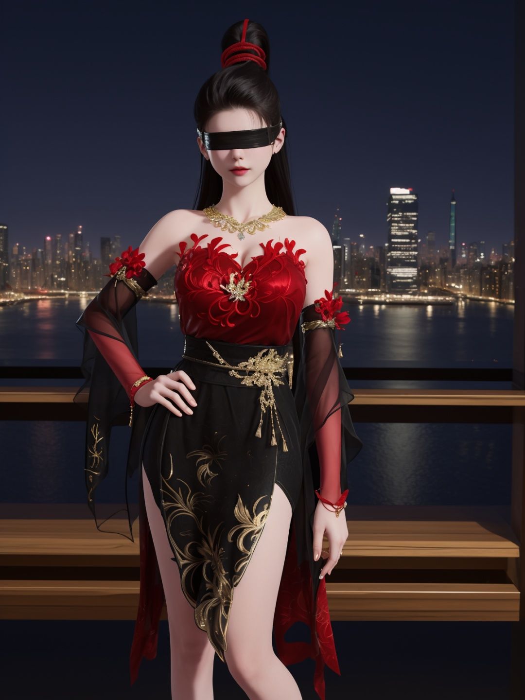 YJWJninghongyeYSHH, 1girl, blindfold, black hair, ponytail, long hair, solo,dress, bare legs, jewelry, necklace,standing,  <lora:YJWJninghongyeYSHH:0.75>,cityscape, night, hand on hip, mature female, red,