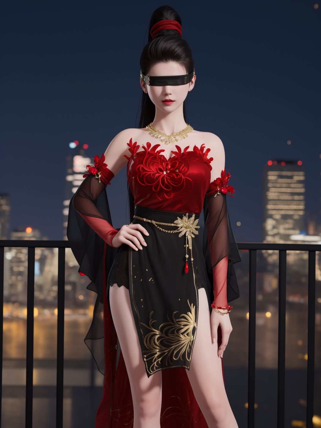YJWJninghongyeYSHH, 1girl, blindfold, black hair, ponytail, long hair, solo,dress, bare legs, jewelry, necklace,standing,  <lora:YJWJninghongyeYSHH:0.75>,cityscape, night, hand on hip, mature female, red,