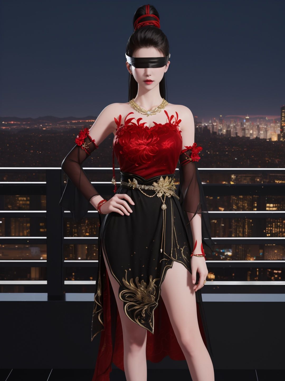 YJWJninghongyeYSHH, 1girl, blindfold, black hair, ponytail, long hair, solo,dress, bare legs, jewelry, necklace,standing,  <lora:YJWJninghongyeYSHH:0.75>,cityscape, night, hand on hip, mature female, red,