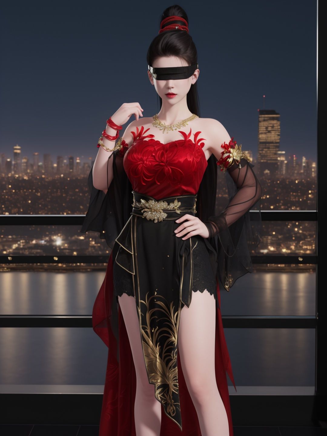 YJWJninghongyeYSHH, 1girl, blindfold, black hair, ponytail, long hair, solo,dress, bare legs, jewelry, necklace,standing,  <lora:YJWJninghongyeYSHH:0.75>,cityscape, night, hand on hip, mature female, red,