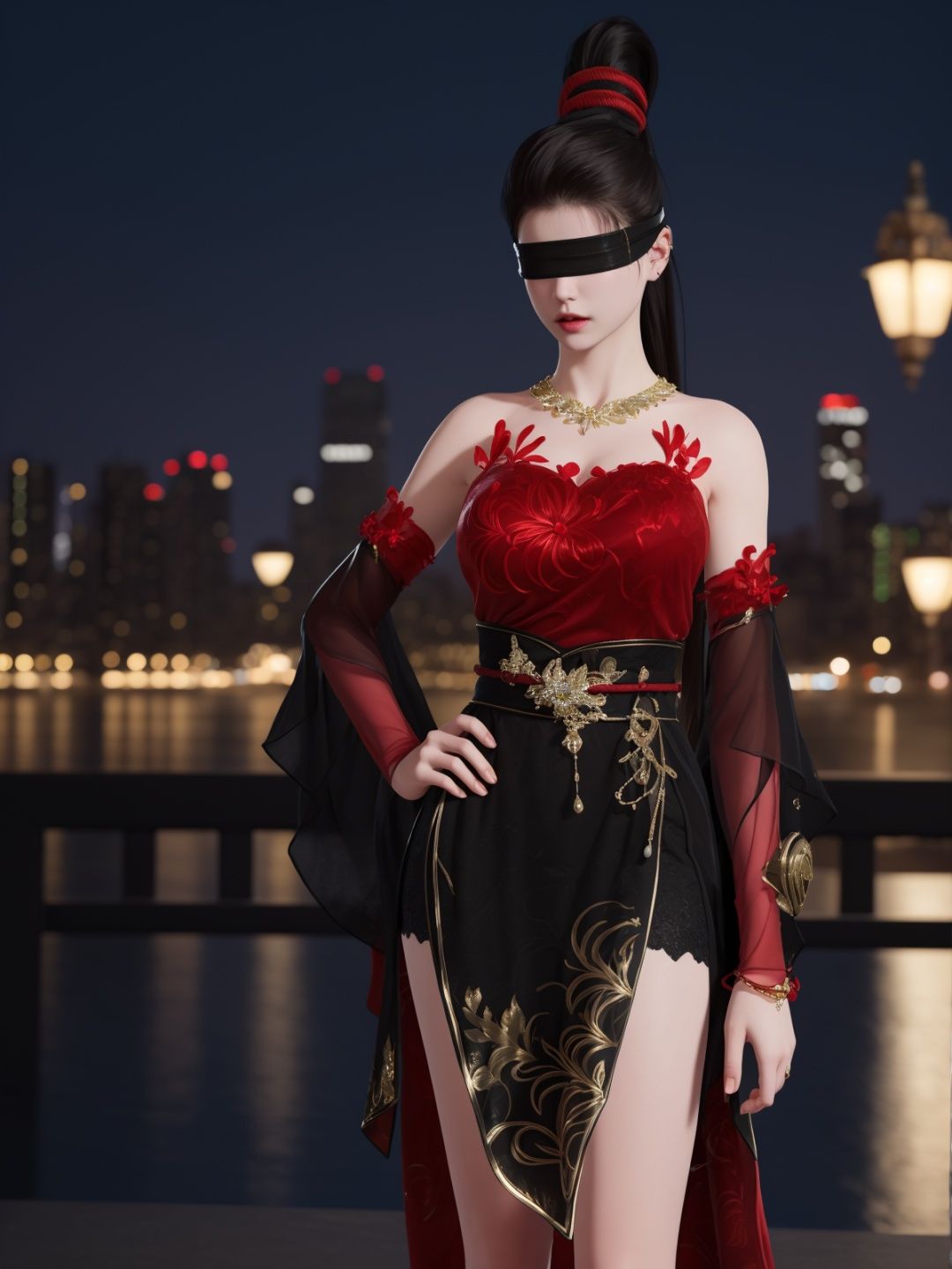 YJWJninghongyeYSHH, 1girl, blindfold, black hair, ponytail, long hair, solo,dress, bare legs, jewelry, necklace,standing,  <lora:YJWJninghongyeYSHH:0.75>,cityscape, night, hand on hip, mature female, red,