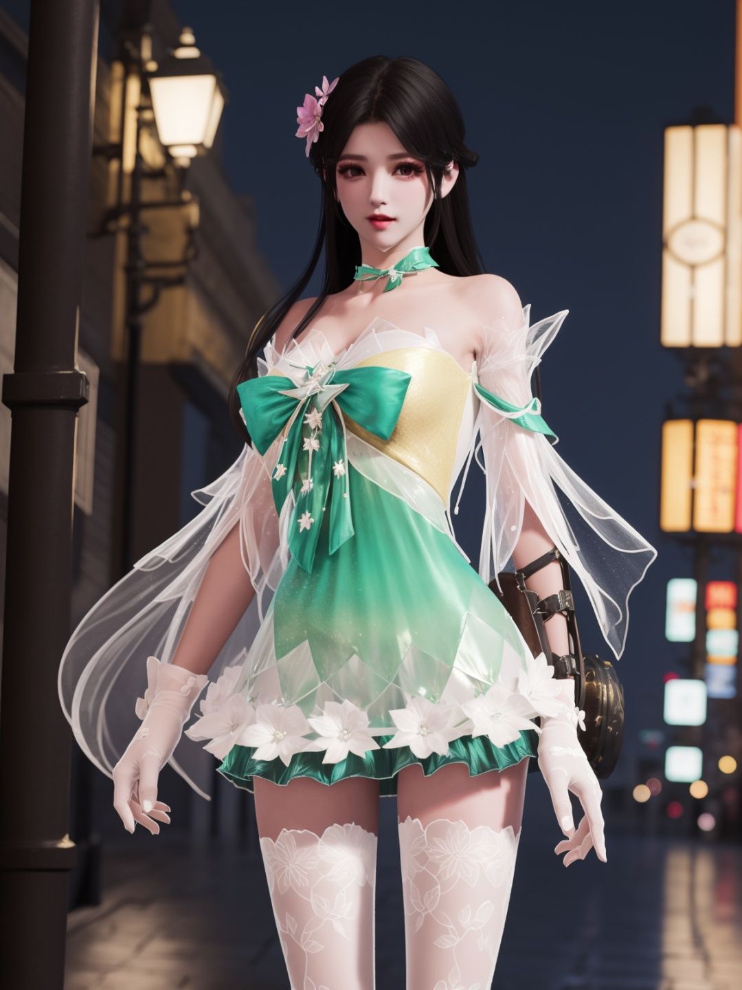 YJWJyingzipingCX, 1girl, dress, solo,white thighhighs, hair flower, gloves, long hair,choker,black hair, bare shoulders,detached sleeves, see-through,  <lora:YJWJyingzipingCX:0.75>,cityscape, night,looking at viewer, mature female, hand on hip, 
