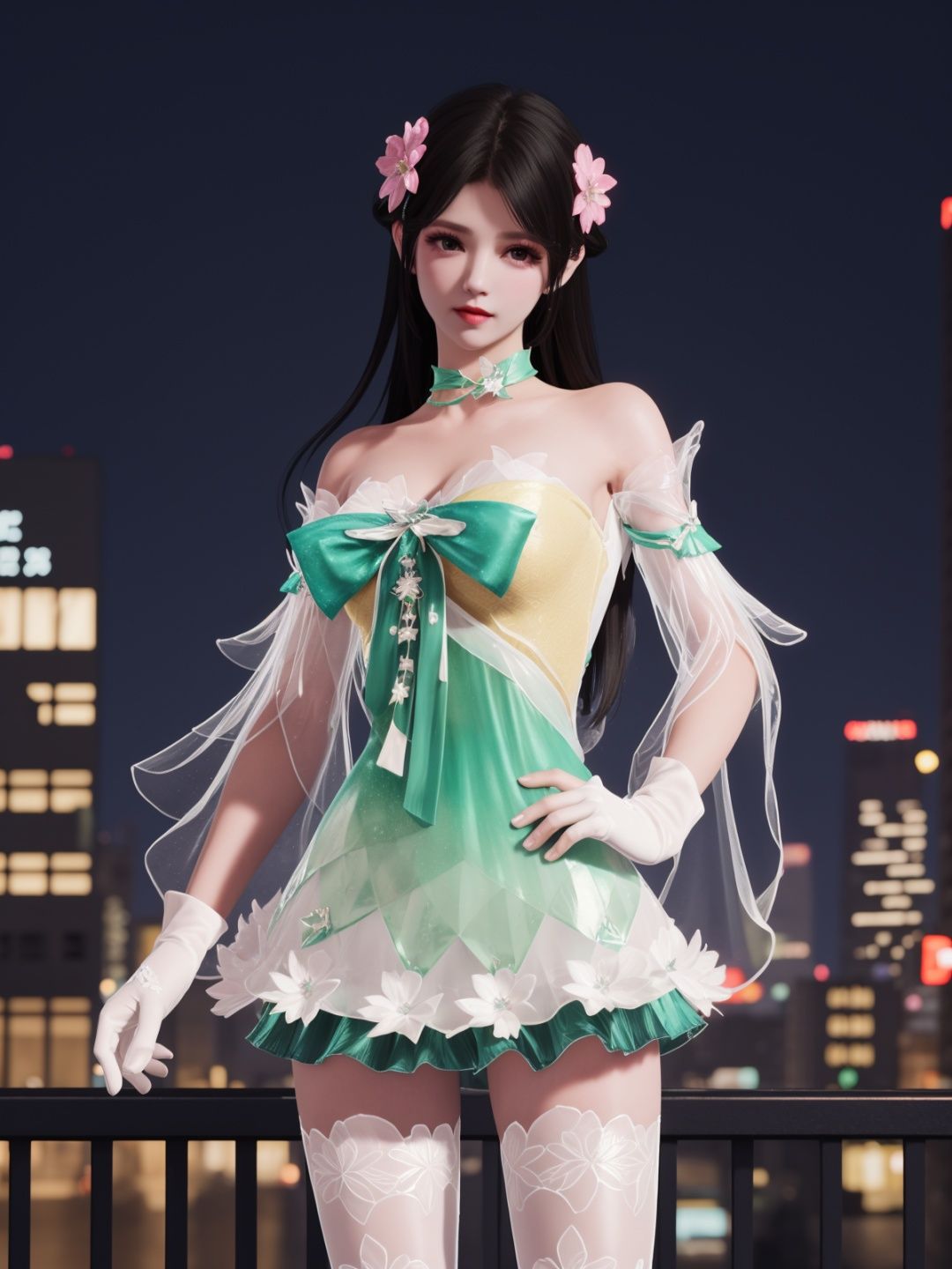 YJWJyingzipingCX, 1girl, dress, solo,white thighhighs, hair flower, gloves, long hair,choker,black hair, bare shoulders,detached sleeves, see-through,  <lora:YJWJyingzipingCX:0.75>,cityscape, night,looking at viewer, mature female, hand on hip, 