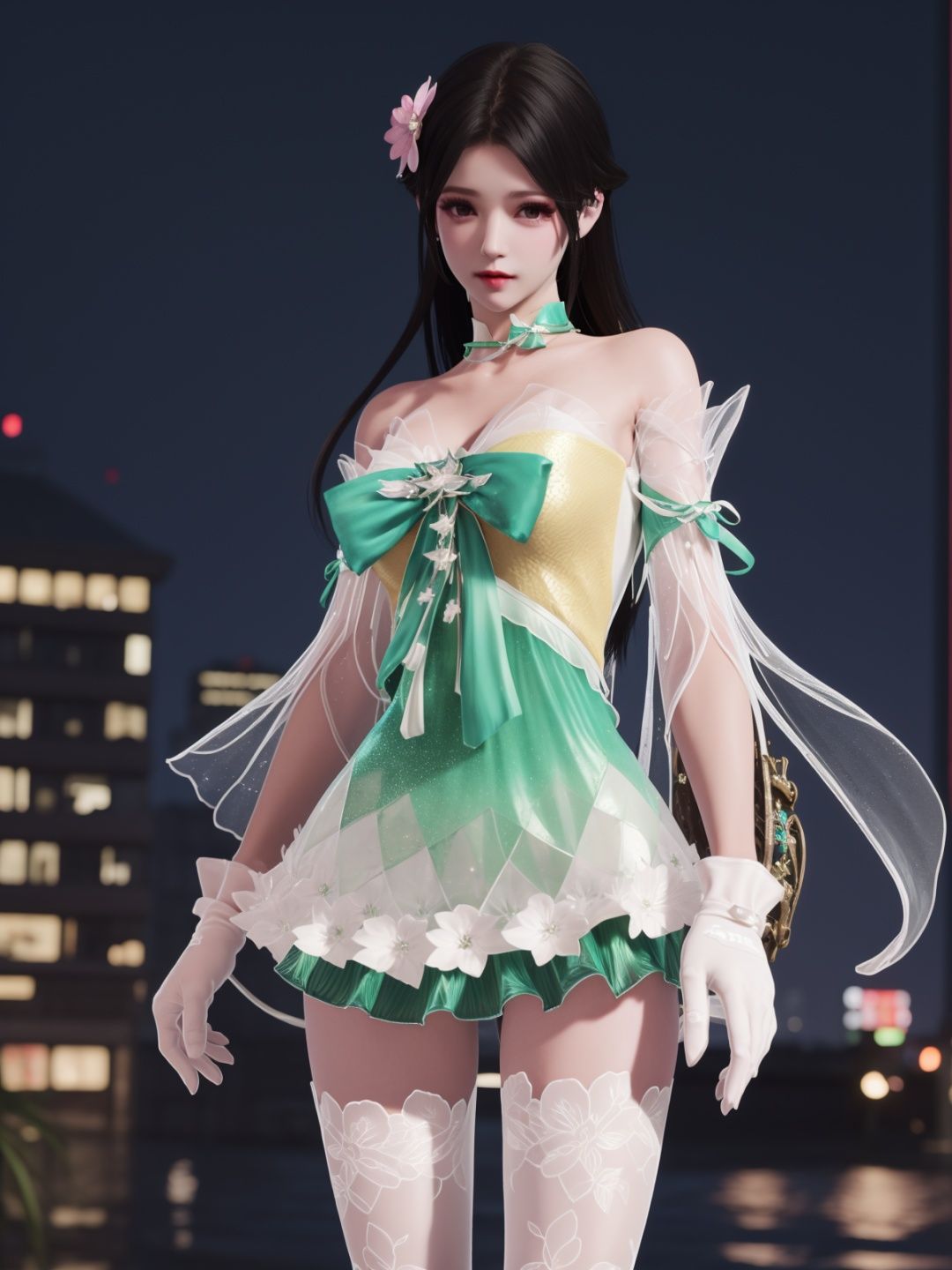 YJWJyingzipingCX, 1girl, dress, solo,white thighhighs, hair flower, gloves, long hair,choker,black hair, bare shoulders,detached sleeves, see-through,  <lora:YJWJyingzipingCX:0.75>,cityscape, night,looking at viewer, mature female, hand on hip, 