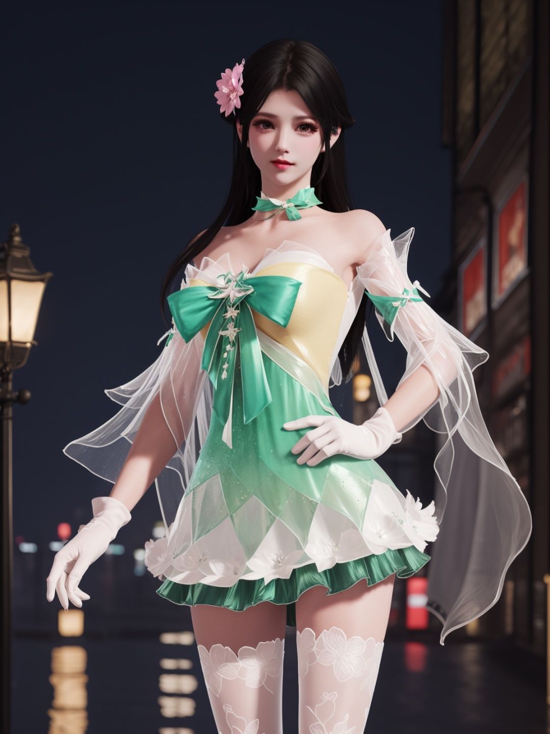 YJWJyingzipingCX, 1girl, dress, solo,white thighhighs, hair flower, gloves, long hair,choker,black hair, bare shoulders,detached sleeves, see-through,  <lora:YJWJyingzipingCX:0.75>,cityscape, night,looking at viewer, mature female, hand on hip, 