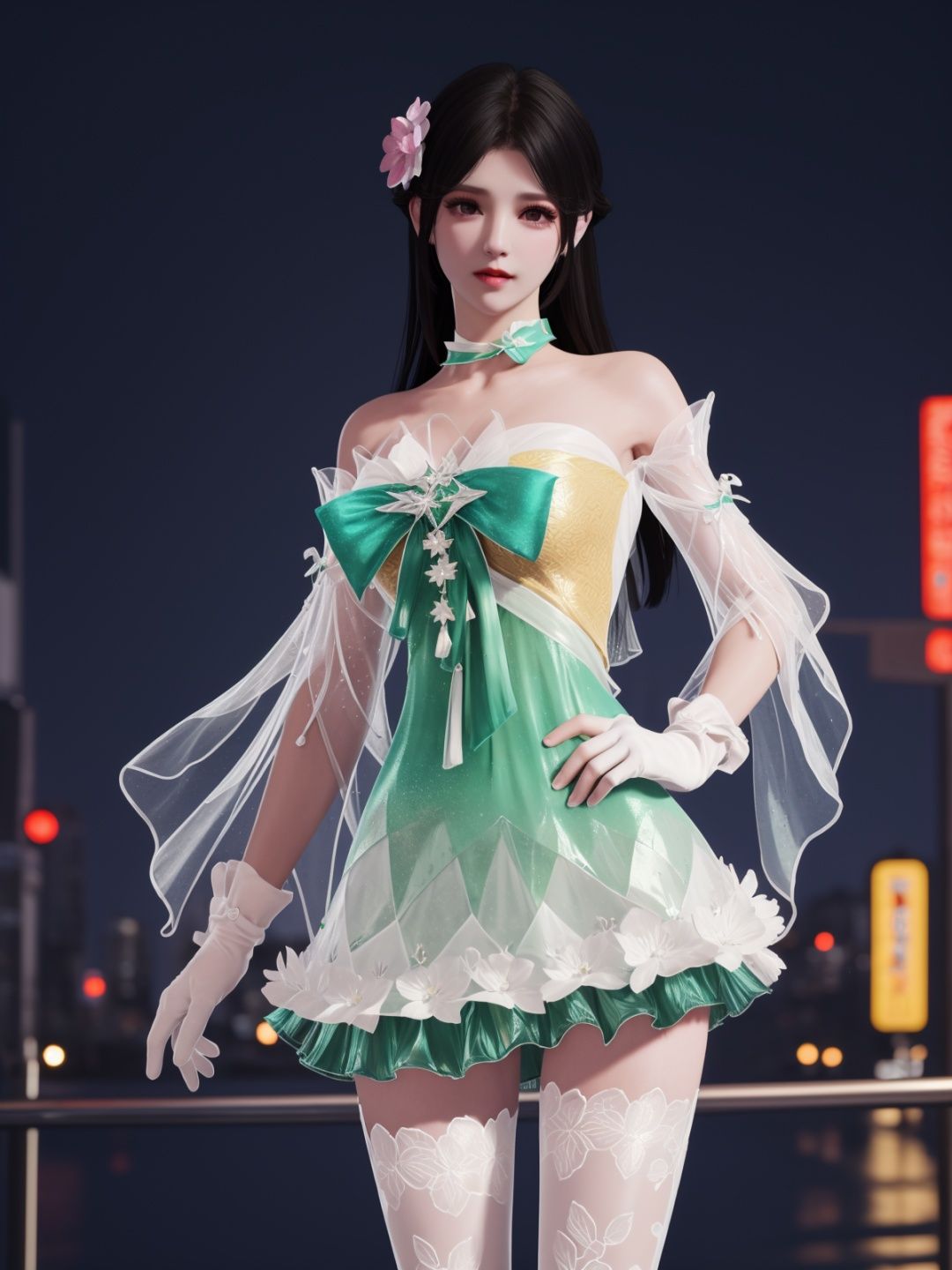 YJWJyingzipingCX, 1girl, dress, solo,white thighhighs, hair flower, gloves, long hair,choker,black hair, bare shoulders,detached sleeves, see-through,  <lora:YJWJyingzipingCX:0.75>,cityscape, night,looking at viewer, mature female, hand on hip, 