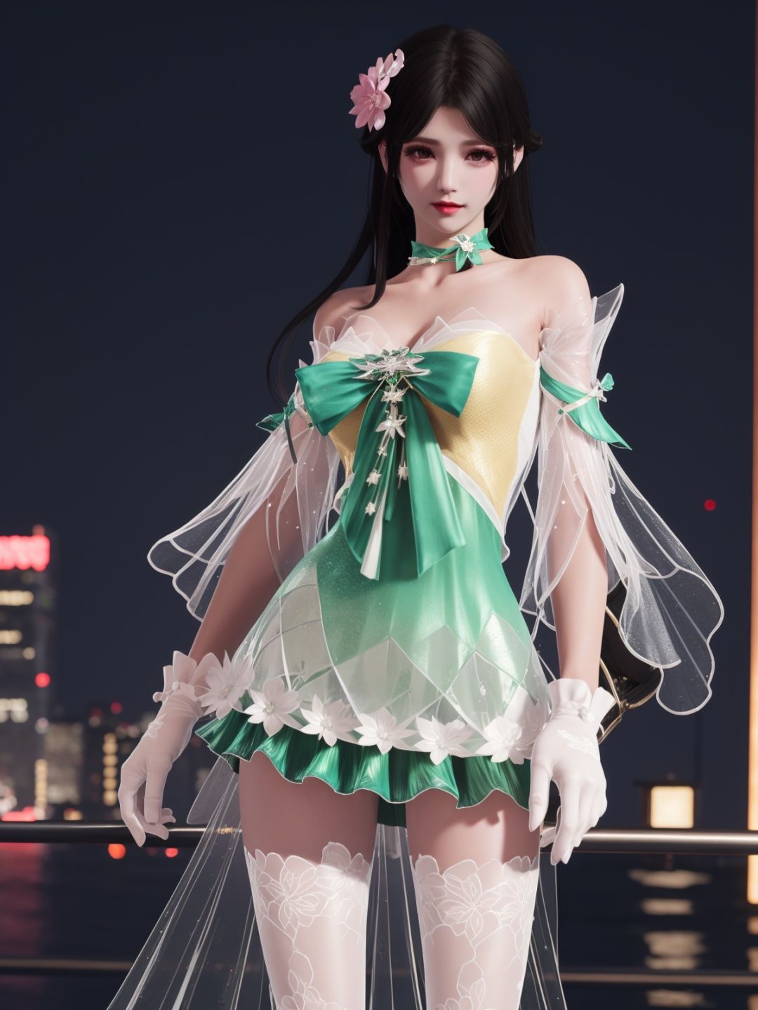 YJWJyingzipingCX, 1girl, dress, solo,white thighhighs, hair flower, gloves, long hair,choker,black hair, bare shoulders,detached sleeves, see-through,  <lora:YJWJyingzipingCX:0.75>,cityscape, night,looking at viewer, mature female, hand on hip, 