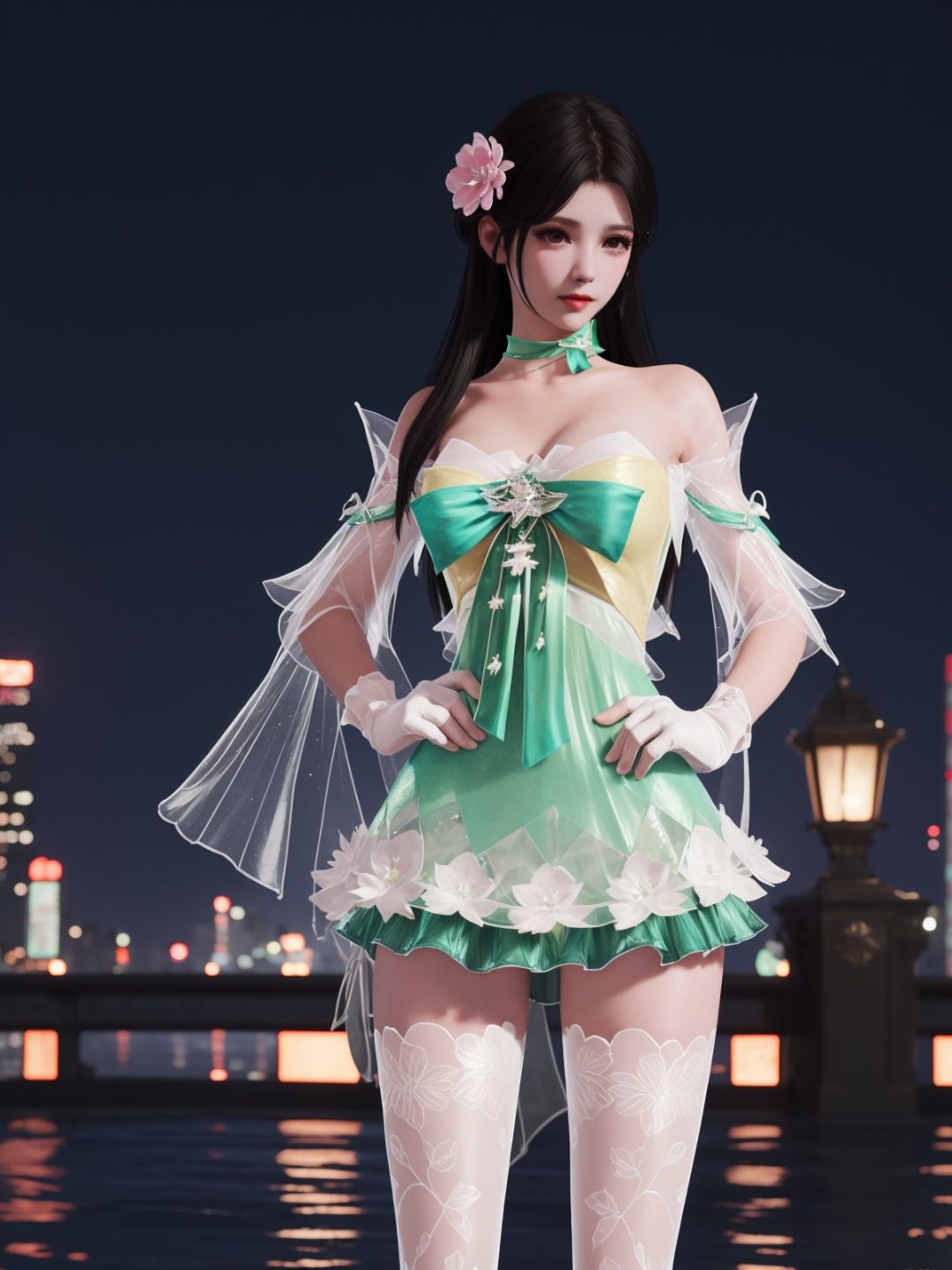 YJWJyingzipingCX, 1girl, dress, solo,white thighhighs, hair flower, gloves, long hair,choker,black hair, bare shoulders,detached sleeves, see-through,  <lora:YJWJyingzipingCX:0.75>,cityscape, night,looking at viewer, mature female, hand on hip, 