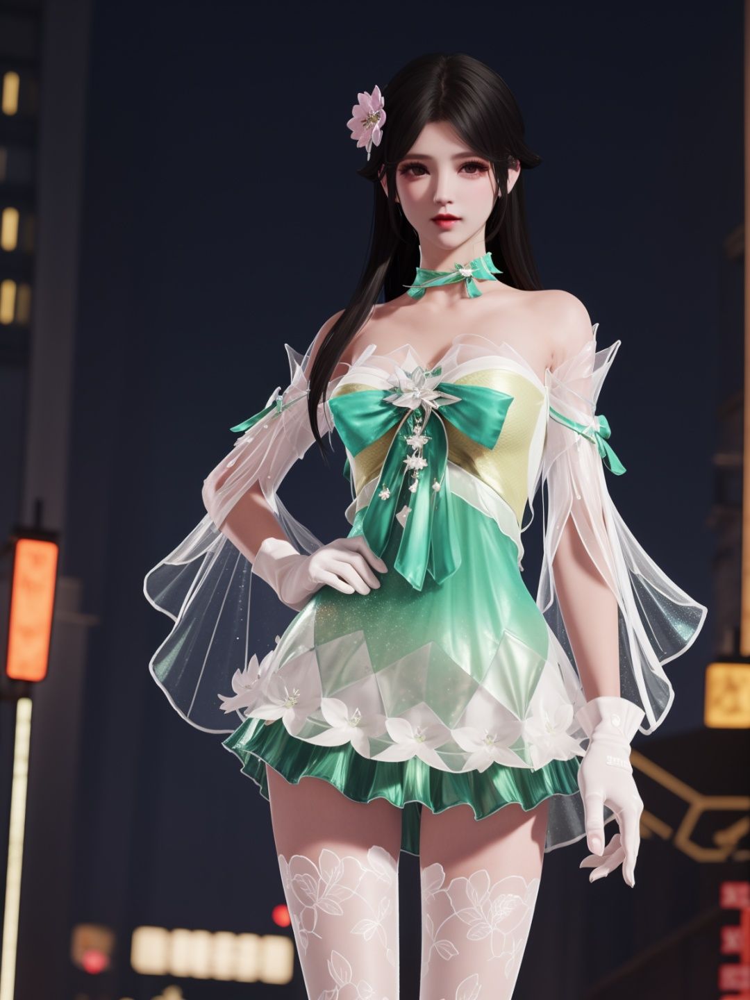 YJWJyingzipingCX, 1girl, dress, solo,white thighhighs, hair flower, gloves, long hair,choker,black hair, bare shoulders,detached sleeves, see-through,  <lora:YJWJyingzipingCX:0.75>,cityscape, night,looking at viewer, mature female, hand on hip, 