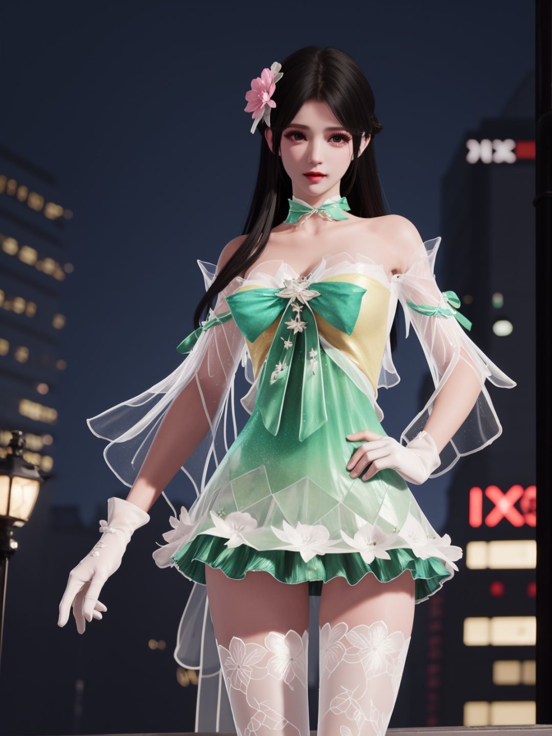 YJWJyingzipingCX, 1girl, dress, solo,white thighhighs, hair flower, gloves, long hair,choker,black hair, bare shoulders,detached sleeves, see-through,  <lora:YJWJyingzipingCX:0.75>,cityscape, night,looking at viewer, mature female, hand on hip, 