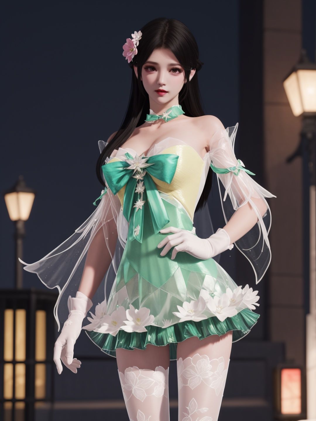 YJWJyingzipingCX, 1girl, dress, solo,white thighhighs, hair flower, gloves, long hair,choker,black hair, bare shoulders,detached sleeves, see-through,  <lora:YJWJyingzipingCX:0.75>,cityscape, night,looking at viewer, mature female, hand on hip, 