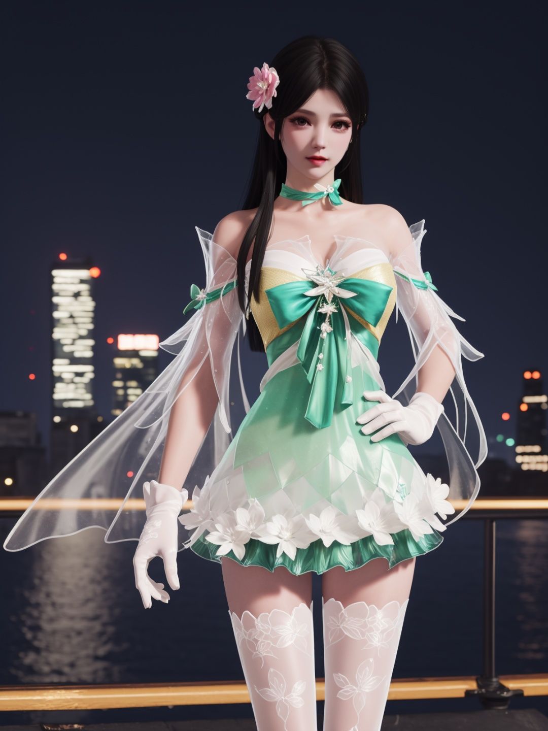 YJWJyingzipingCX, 1girl, dress, solo,white thighhighs, hair flower, gloves, long hair,choker,black hair, bare shoulders,detached sleeves, see-through,  <lora:YJWJyingzipingCX:0.75>,cityscape, night,looking at viewer, mature female, hand on hip, 