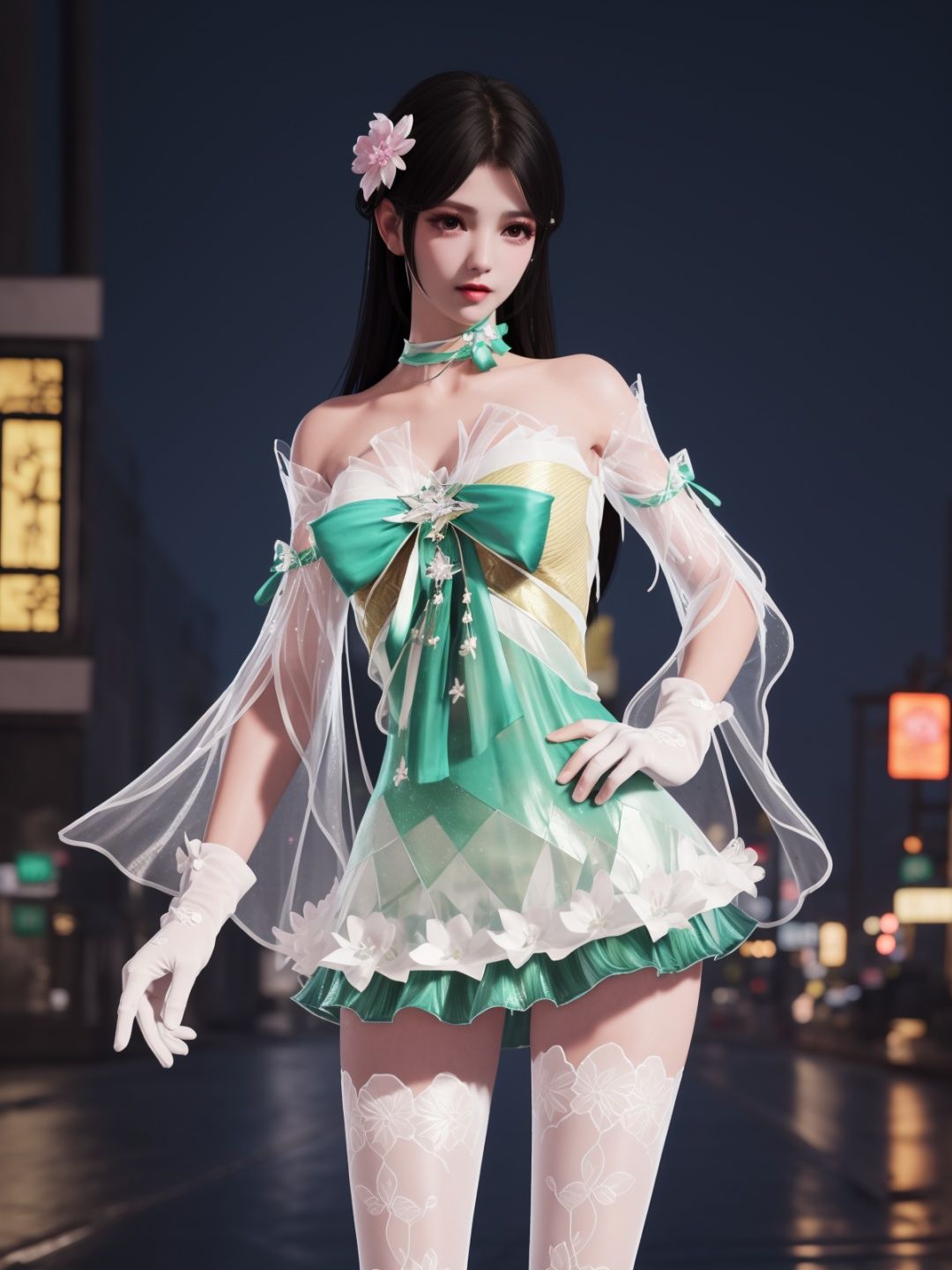 YJWJyingzipingCX, 1girl, dress, solo,white thighhighs, hair flower, gloves, long hair,choker,black hair, bare shoulders,detached sleeves, see-through,  <lora:YJWJyingzipingCX:0.75>,cityscape, night,looking at viewer, mature female, hand on hip, 