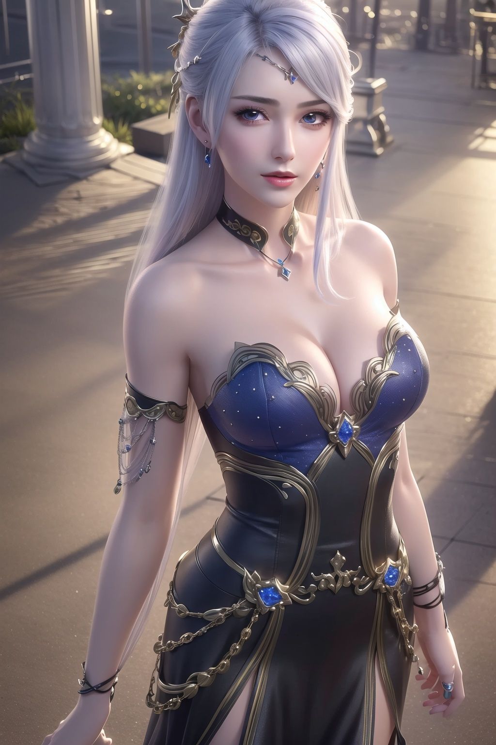 ((beautiful face)), extremely delicate facial,(best quality),(extremely detailed cg 8k wallpaper), fmasterpiecel, an extremely delicate and beautiful, extremely detailed,intricate,photorealistic,cyberpunk, hyper detailed,realistic, from front,looking at viewer,(standing:1.5),(smile:1.2),arm,cleavage,large breasts, collarbone,bare shoulders, jewelry, hair ornament, lips, 1girl, solo, ear piercing, sapphire hair accessories,long hair,white hair, <lora:solo_20230810213359-000007:0.5>