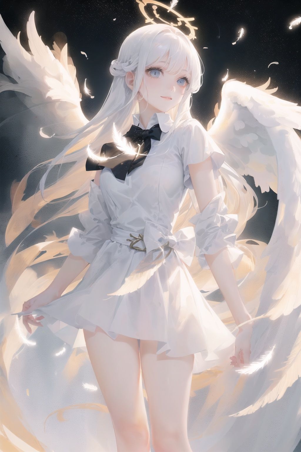 art by Cornflower, dreamy,(1girl,1girl, (realistic:1.3),isometric figure, (tachi-e:1.2), (transparent background:1.4), (white background:1.4), (beautiful detailed face:1.4), Holy Light, dynamic angle, (angel), solo, (loli:1.3), Light particle, very_long_hair, white_hair, expressionless, light smile, [[[[white Tulle skirt]]]], (white silk), looking_at_viewer, ((angel wings:1.2), (large wings), multiple_wings, (angel halo:1.2), [[[starry sky]]], Floating light spot, Lots of feathers) 