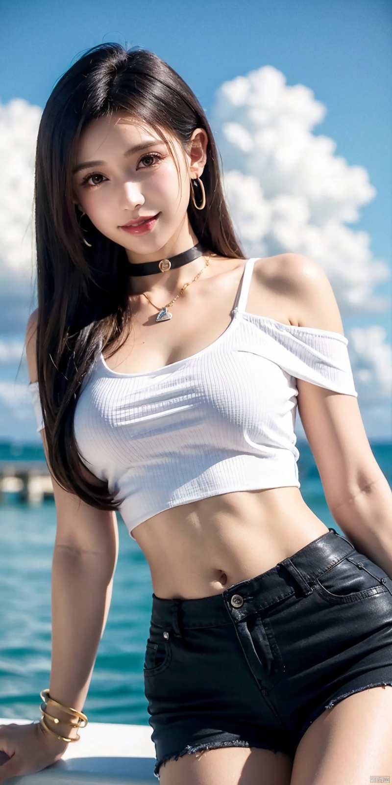 cowboy shot, Blue sky, white clouds, ocean,nai3, 1girl, shorts, solo, crop top, black shorts, choker, navel, shirt, midriff, crop top overhang, looking at viewer, white shirt, jewelry, breasts,  bare shoulders, short shorts, off-shoulder shirt, off shoulder, black choker, thighs, stomach, hand on own thigh, long hair, bracelet, short sleeves, ribbon, hand up, collarbone, hair ribbon, medium breasts, standing, high-waist shorts, dolphin shorts, bra strap, , hair ornament, thigh gap, necklace, expressionless, , ,kind smile, tifa