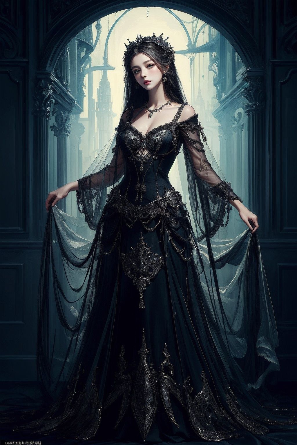 (((masterpiece,best quality))),((good structure,Good composition,good atomy)), ((clear, original,beautiful)),,1girl, long hair,fantasy black theme,dress