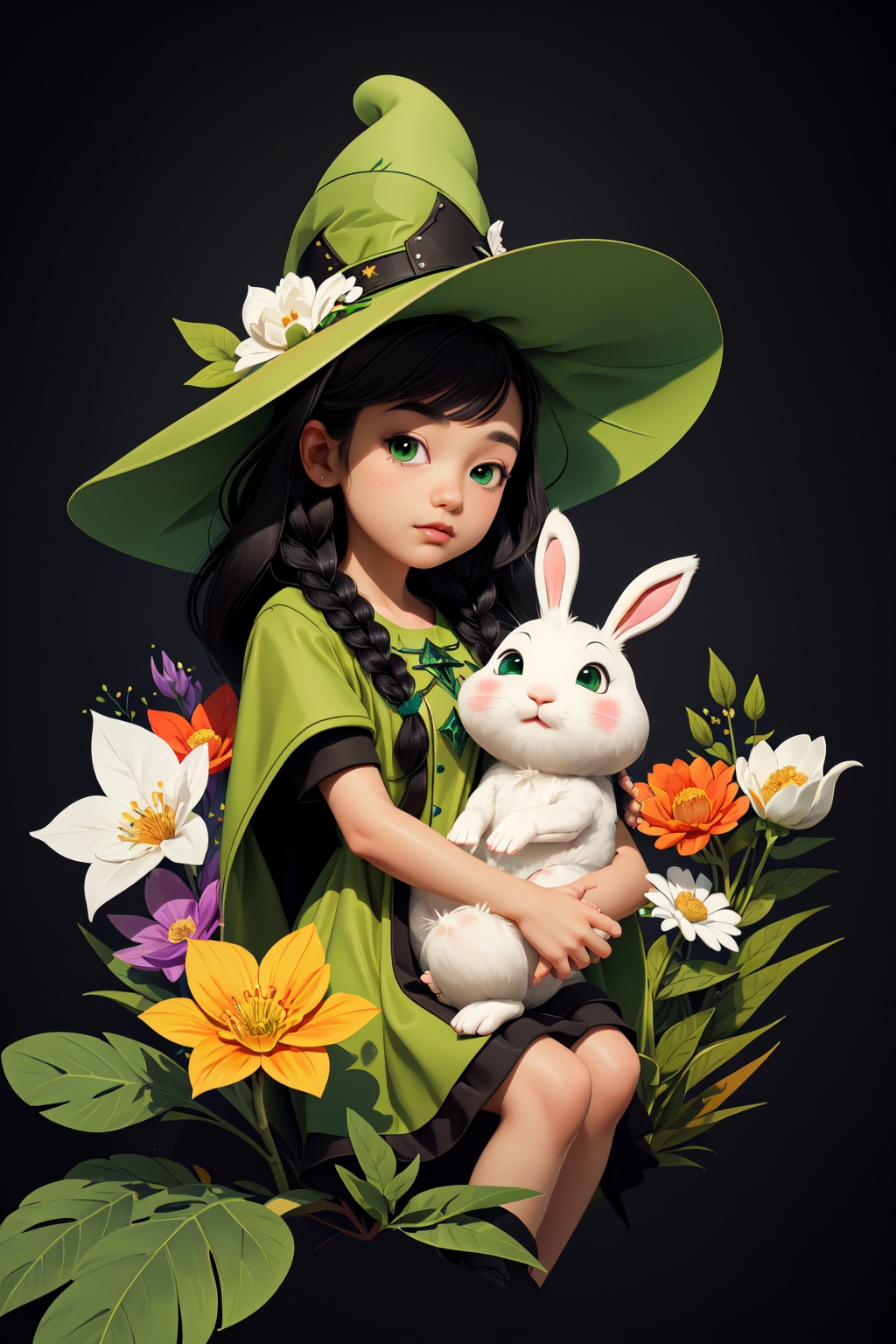 (( Ride on beautifully decorated white giant lagomorph )) ,  shining eyes ,  twin braid on Tensor.Art