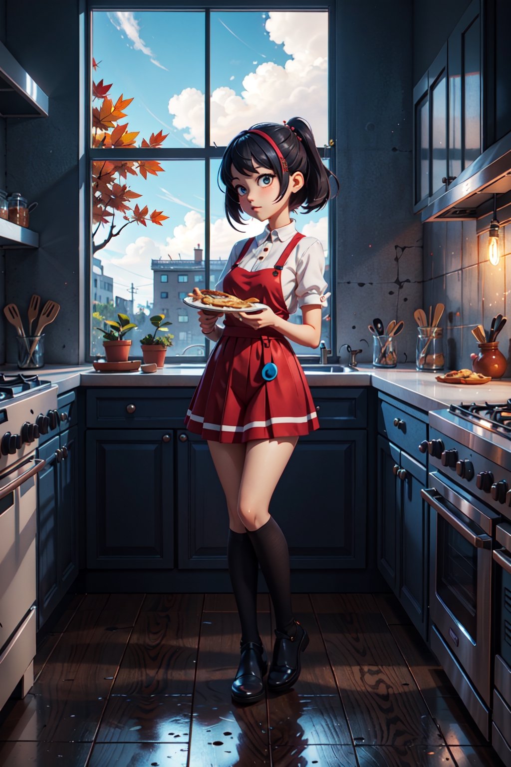 anime girl holding a pie in a kitchen with a window in the background,  artwork in the style of guweiz,  guweiz on Tensor.Art