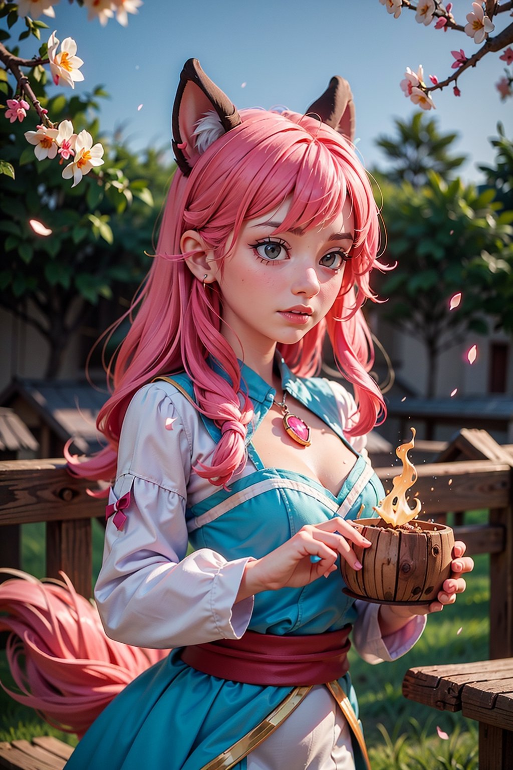 Cute Ahri,  dancing in fire rain,  burning sakura petals on Tensor.Art