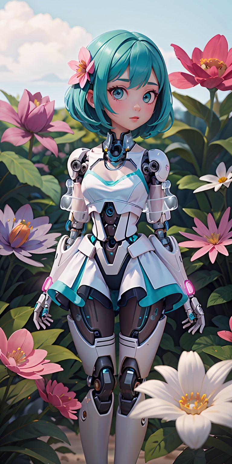 figure of biomechanical cyborg little girl made of glass was (picking a flower by hands),  transparent,  see-through intri...