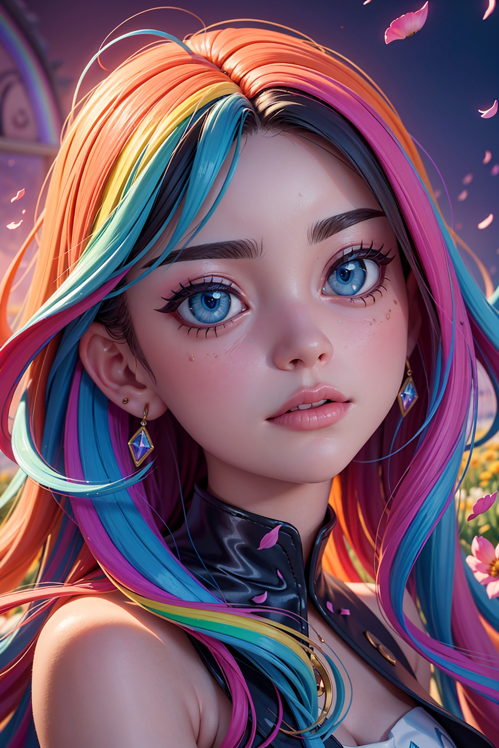 close up portrait of young woman with vibrantblowing hair and mesmerizing eyes,  wearing a flowing dress made of petals,...