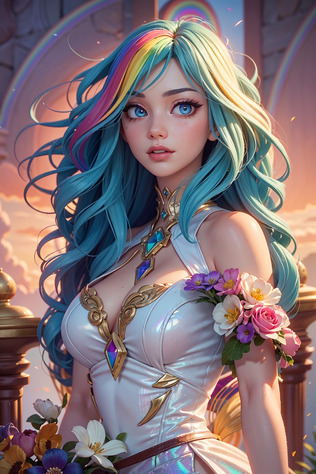 close up portrait of young woman with vibrantblowing hair and mesmerizing eyes,  wearing a flowing dress made of petals,...