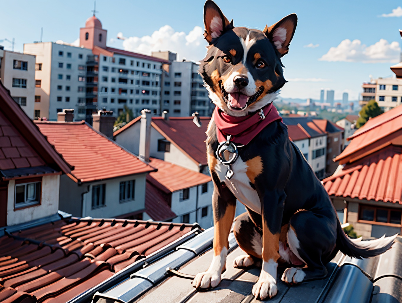 a woman sitting on top of a roof next to a tall building,  an anime drawing,  trending on cg society on Tensor.Art