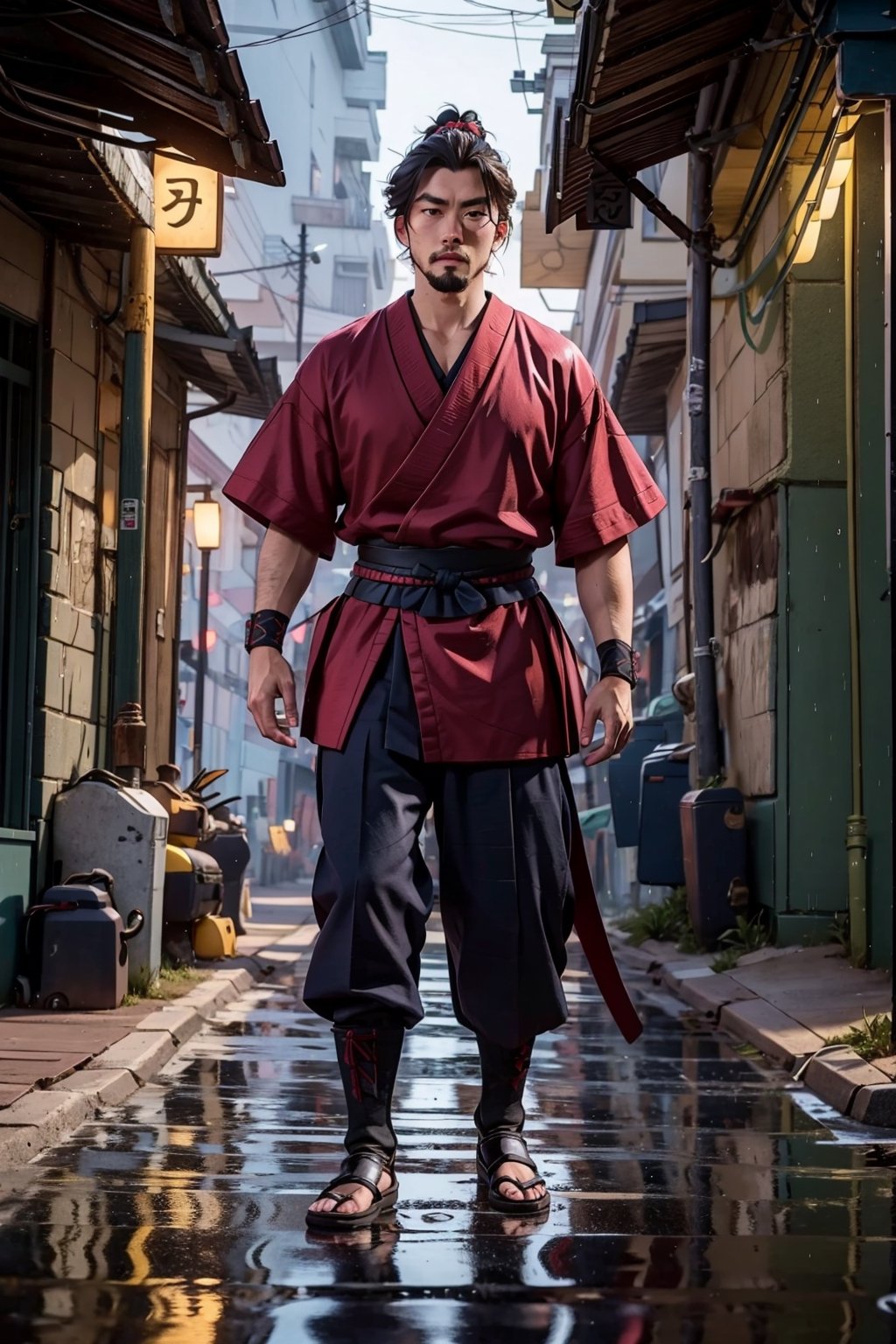 A mix between a modern soldier and a samurai in a rainy alley on Tensor.Art