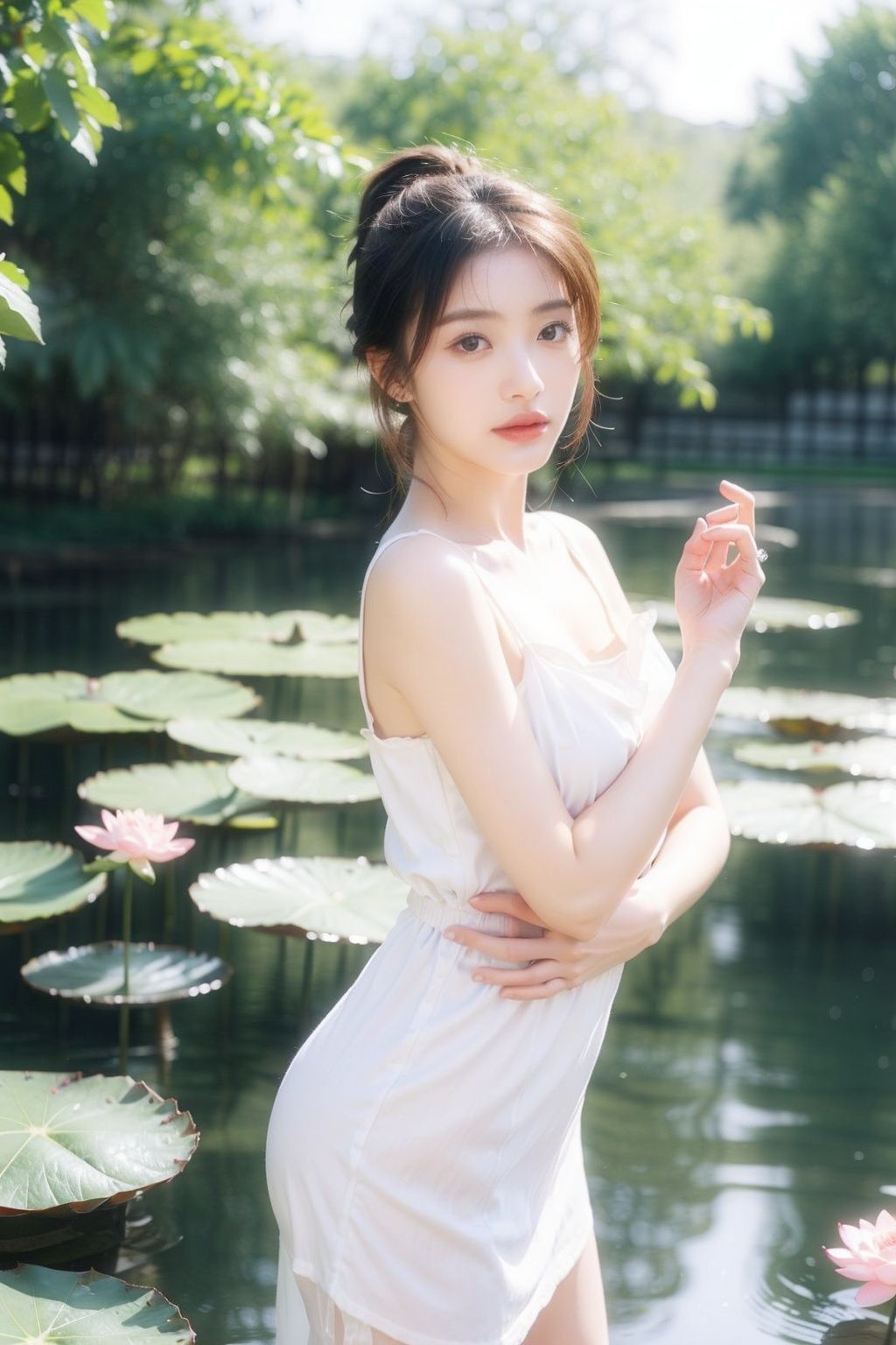 1girl,light rays,masterpiece, best quality,Maho Nanami, 1girl,solo,bangs,  dynamic pose, mature female, highly detail,lips, Photographic style, soft focus, volume lighting,bloom effect,(best quality),(world masterpiece),(illustration),
(detailed beautiful lotus pond with petal:1.1),flower,butterfly,flower,butterfly, Long hair reaching the waist, big breast, slip dress, single ponytail hairstyle