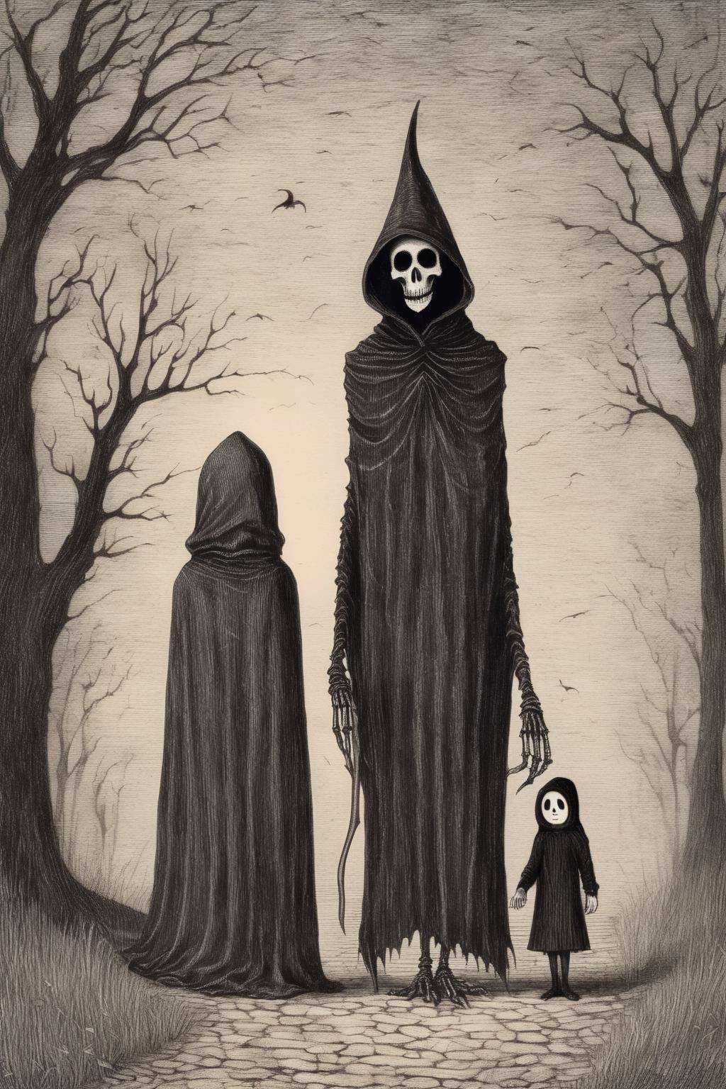 Edward Gorey Style - EdwardGorey The Grim Reaper and the Little Girl.8K on Tensor.Art