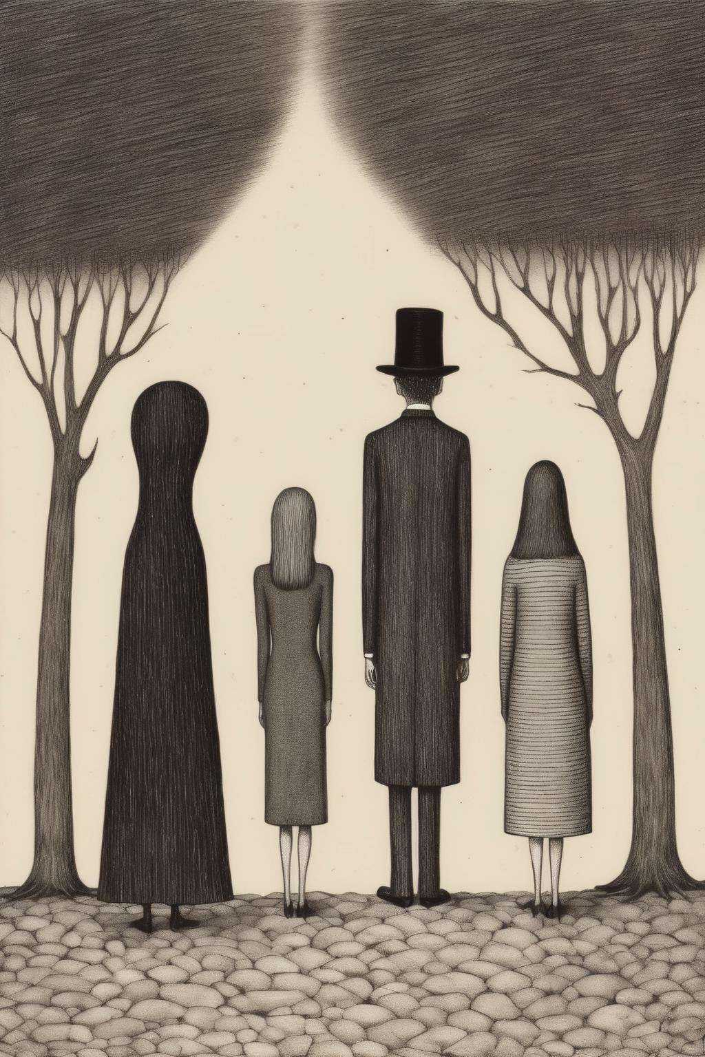 Edward Gorey Style - two women and a man looking for a missing person on Tensor.Art