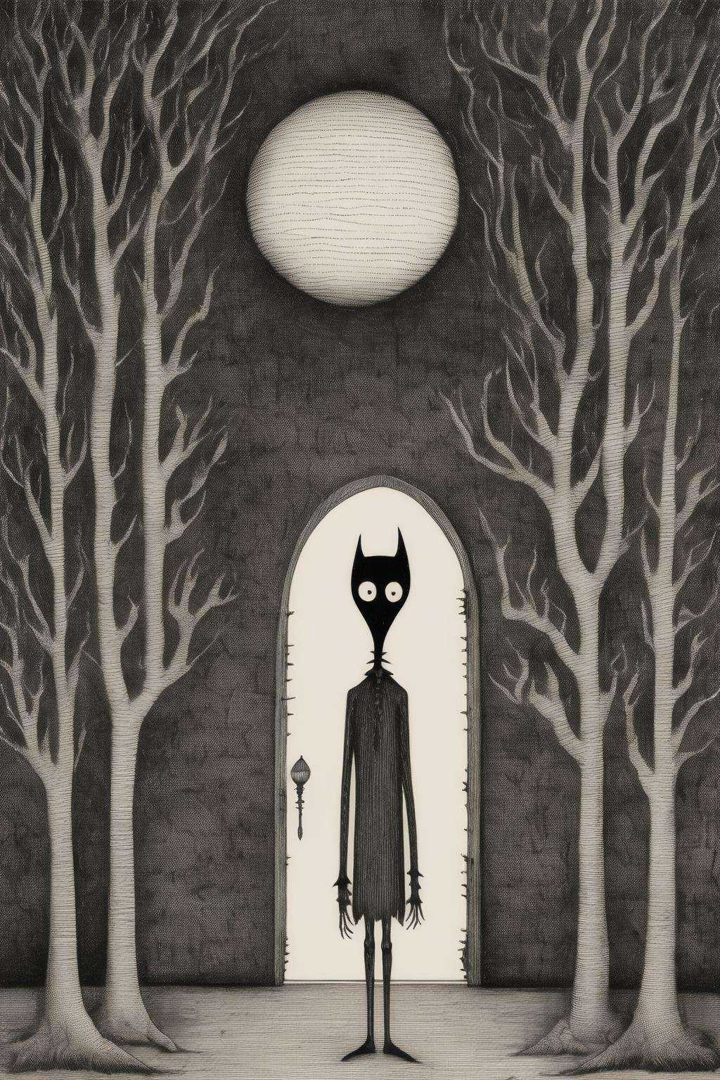 Edward Gorey Style - A minimalistic black and white ink illustration of a nightmare in the style of Edward Gorey using sta...