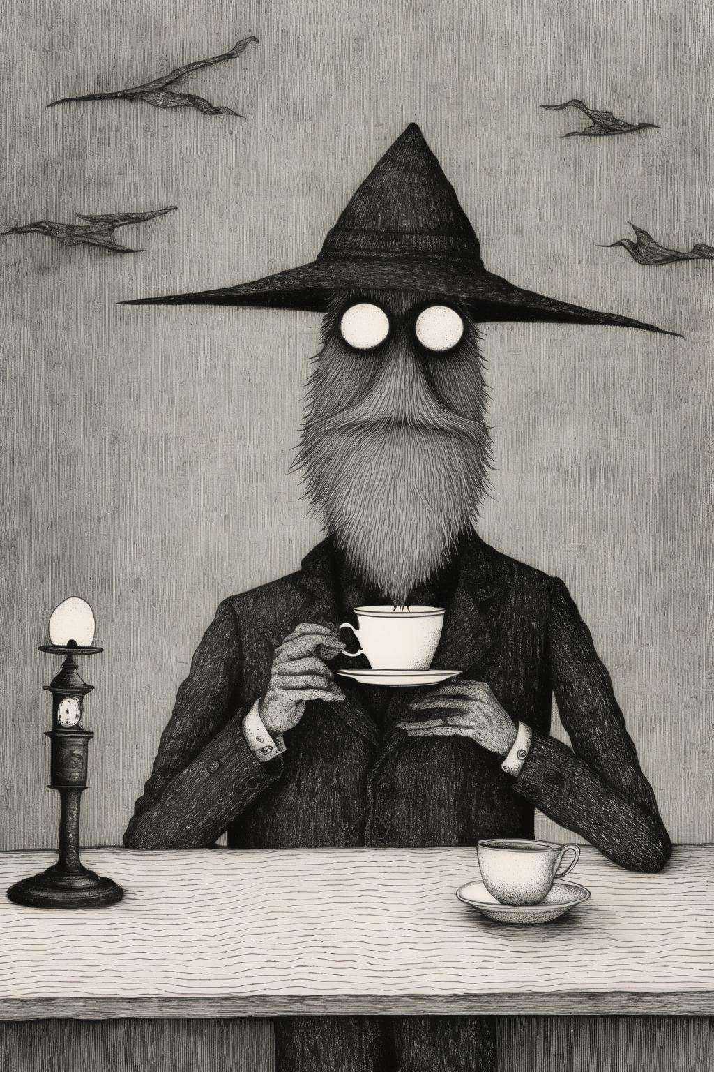 Edward Gorey Style - a suspicious looking man drinks a cup of coffee,  pen and ink illustration on Tensor.Art