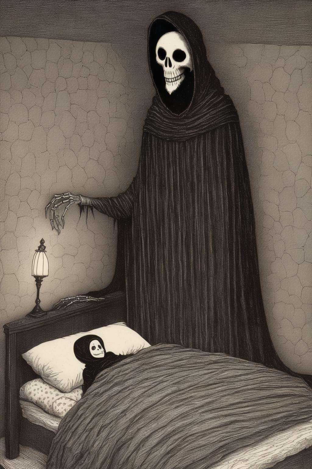 Edward Gorey Style - EdwardGorey Father asleep in bed with child and grim reaper watching over him on Tensor.Art