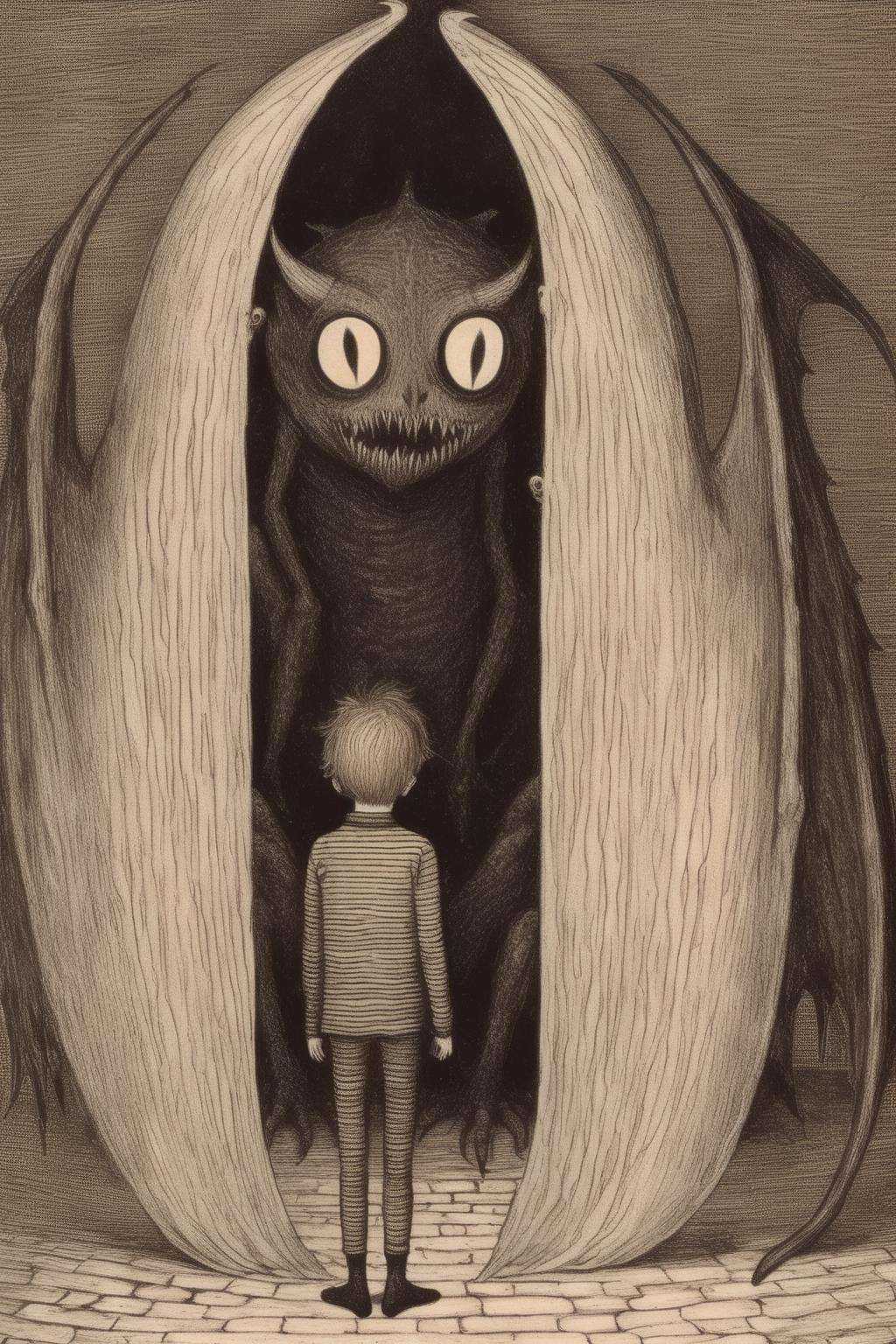 Edward Gorey Style - Edward Gorey Demons and angels are fighting. A boy is watching. on Tensor.Art