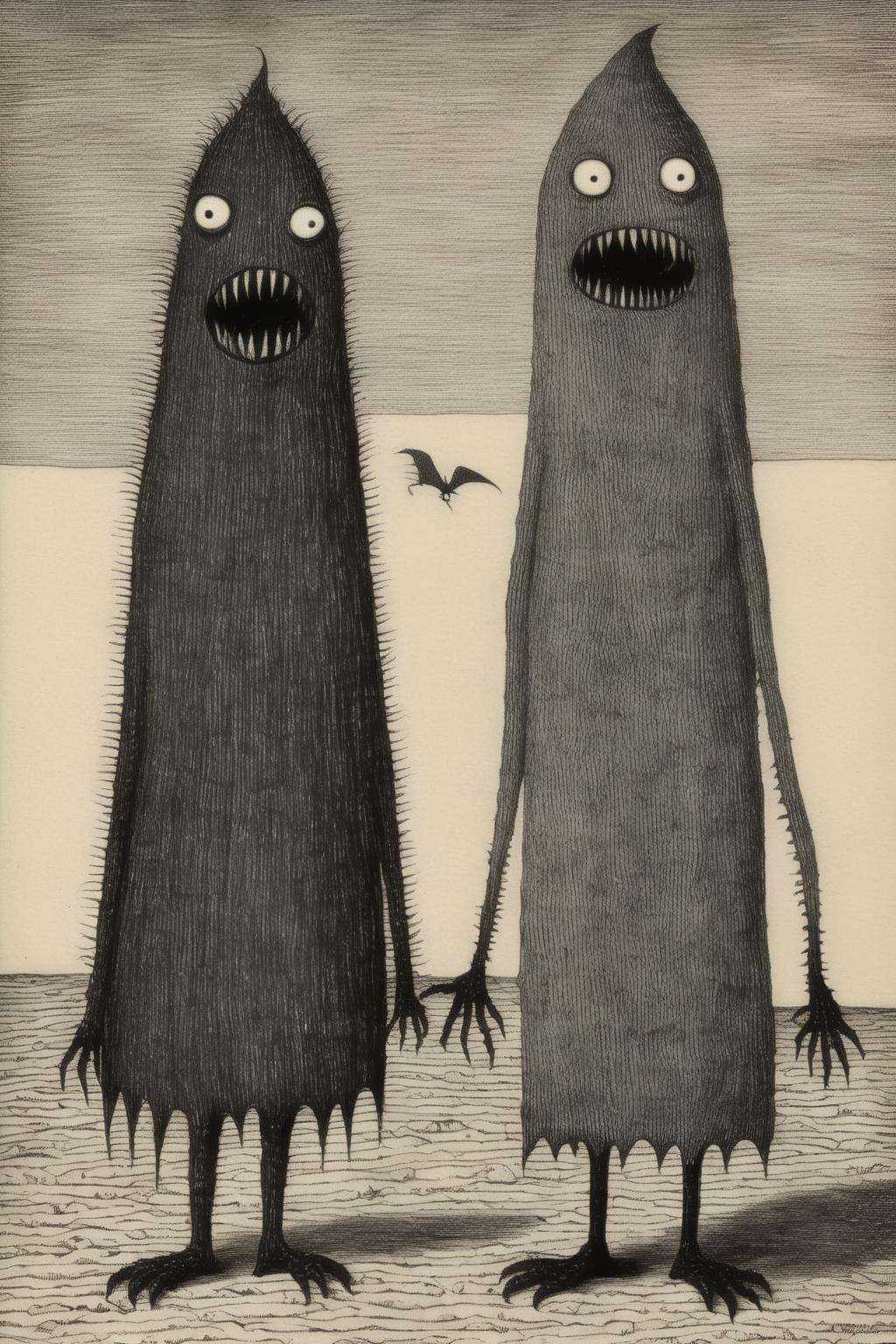 Edward Gorey Style - EdwardGorey Two monstrous,  creepy,  death-prone people who get along well. on Tensor.Art