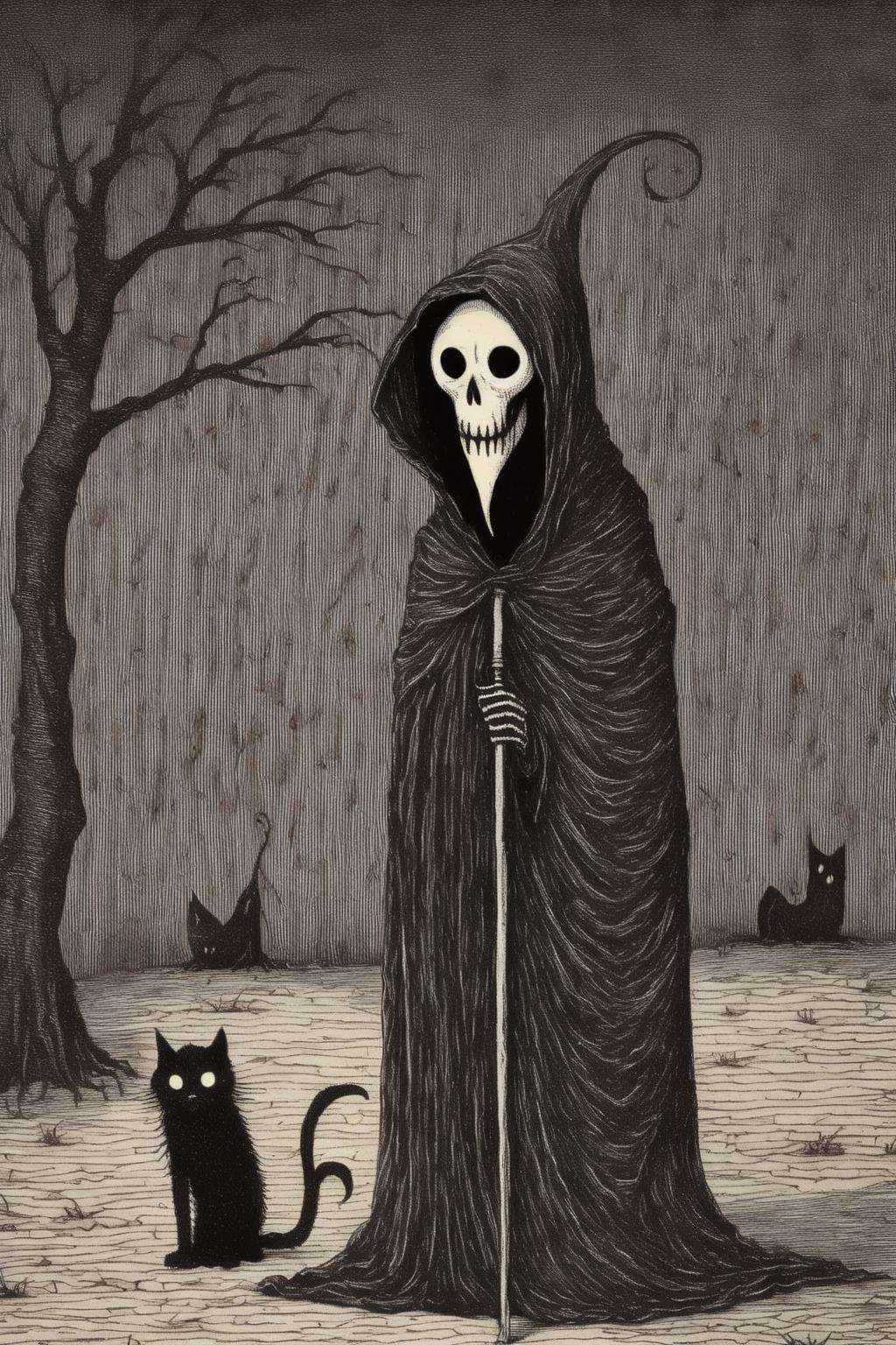 Edward Gorey Style - Edward Gorey Creepy Grim Reaper and Tearful Cat Very creepy 8K on Tensor.Art