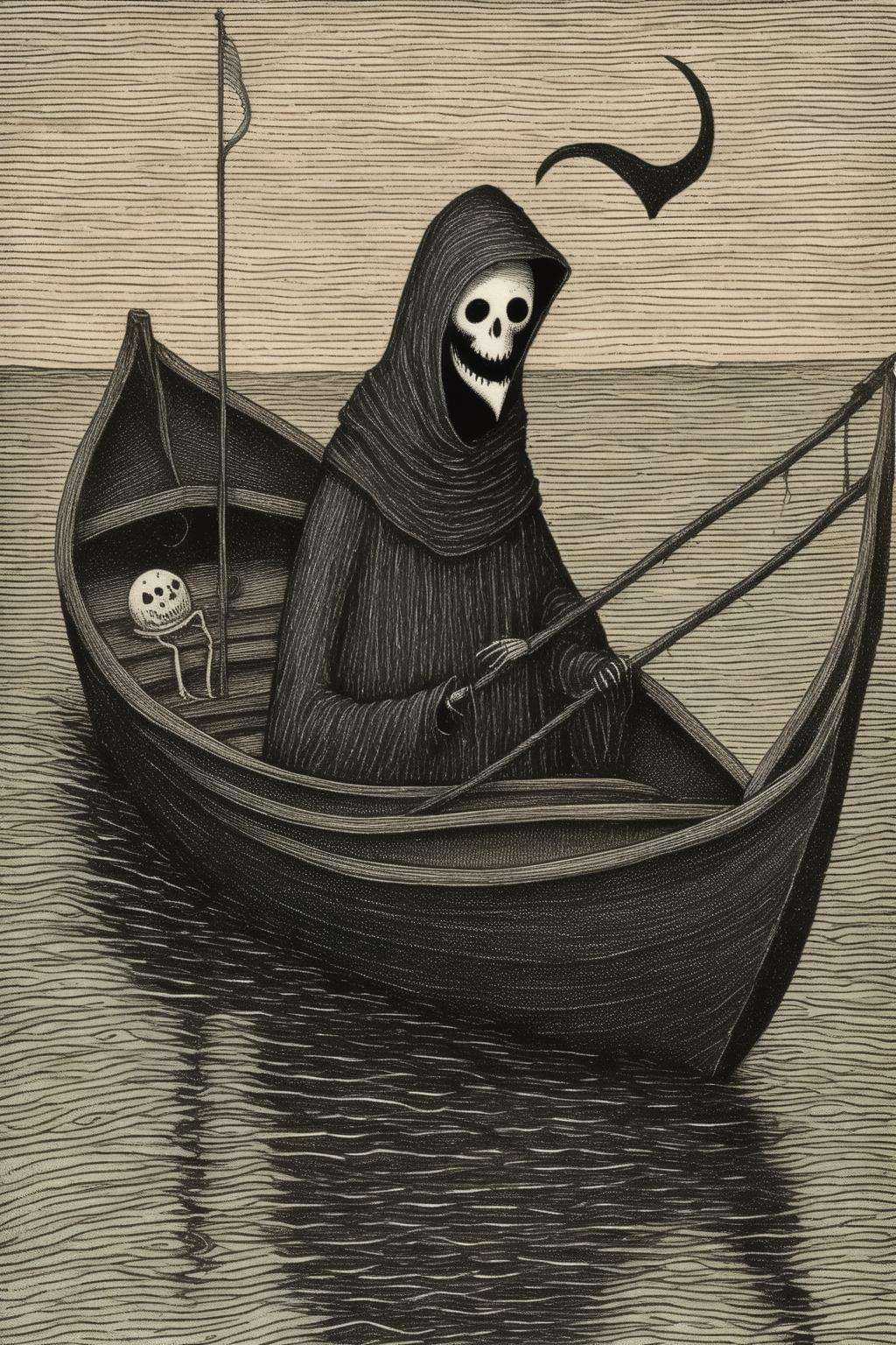 Edward Gorey Style - Edward Gorey Very creepy 8K Reaper fishing on a boat and fishing for hearts. on Tensor.Art