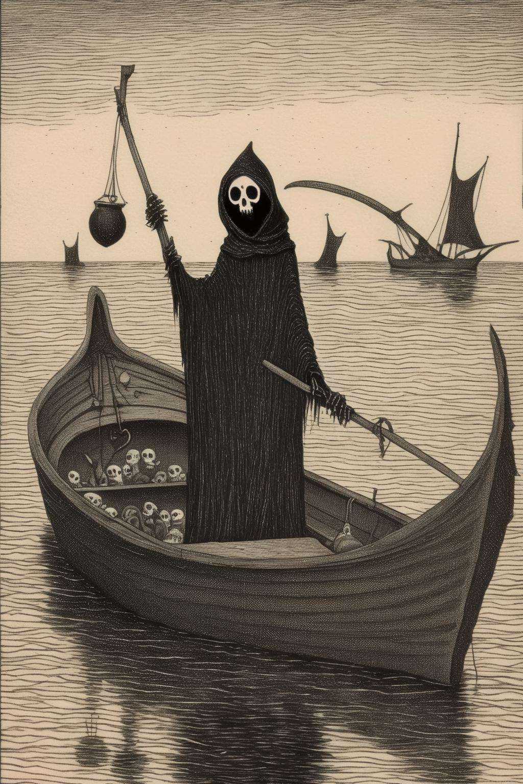 Edward Gorey Style - Edward Gorey Very creepy 8K Grim reaper fishing for hearts on a boat on Tensor.Art