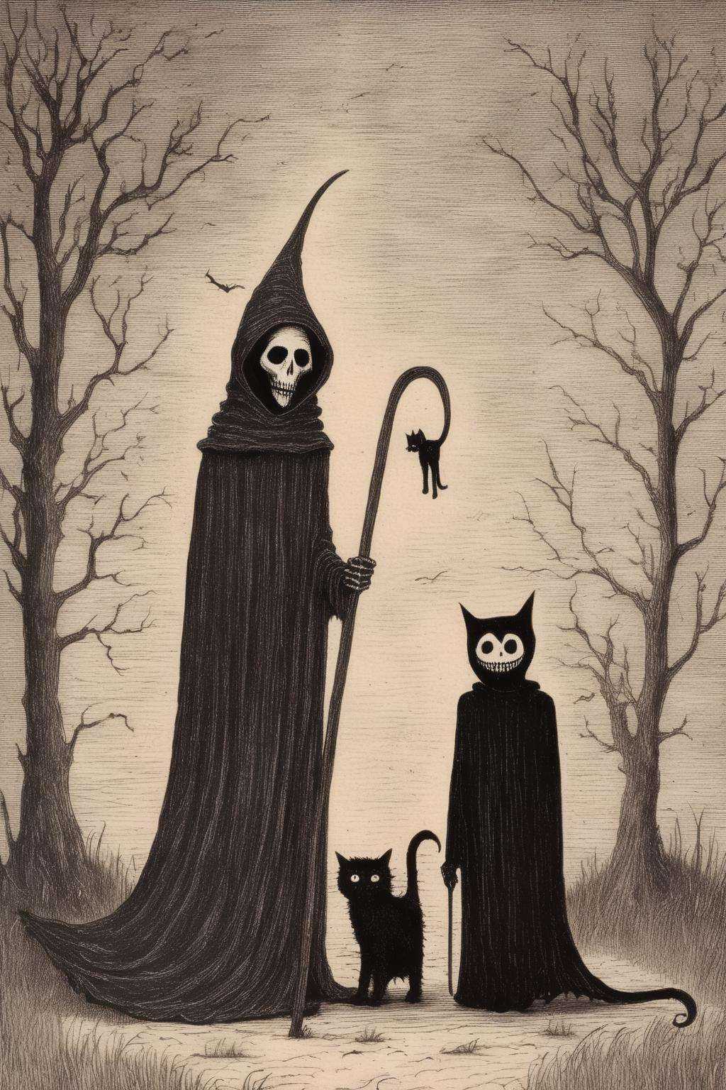 Edward Gorey Style - Edward Gorey Very creepy 8K Grim Reaper and Cat on Tensor.Art