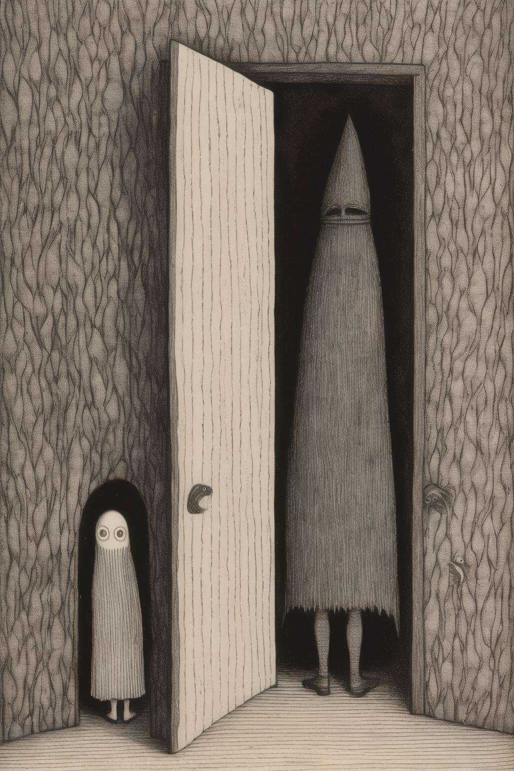 Edward Gorey Style - edawrd gorey drawing,  children hiding in a closet with a villain outside on Tensor.Art