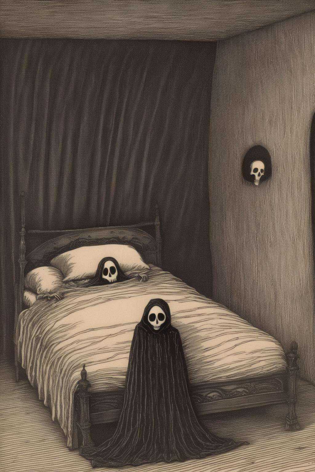 Edward Gorey Style - EdwardGorey An emaciated girl is lying in bed. The Grim Reaper is beside her. on Tensor.Art