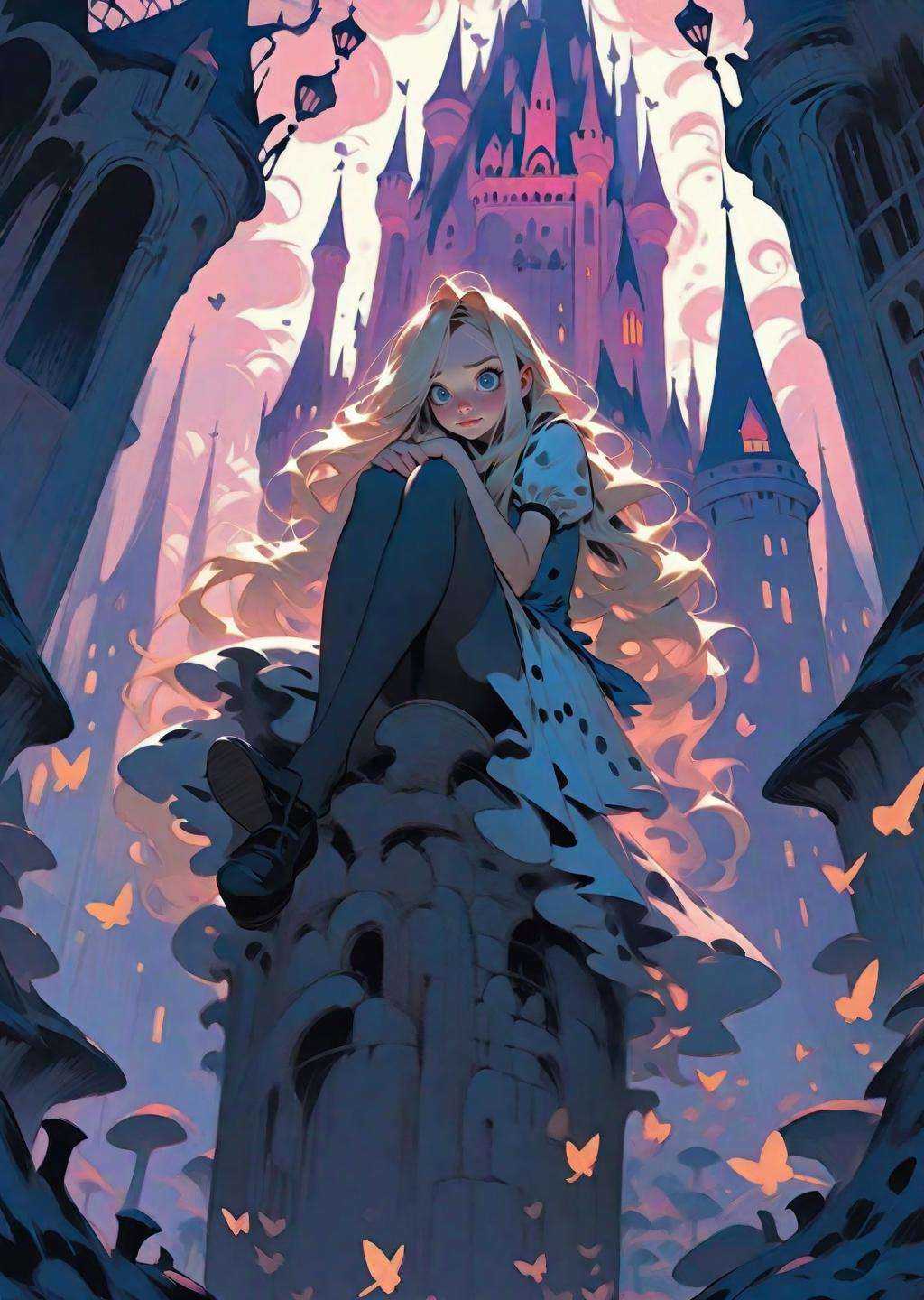 Alice in Wonderland,  1 woman ,  blondestraight hairserious stockingsit while floating in the airshadowdarkpokerscastle De...