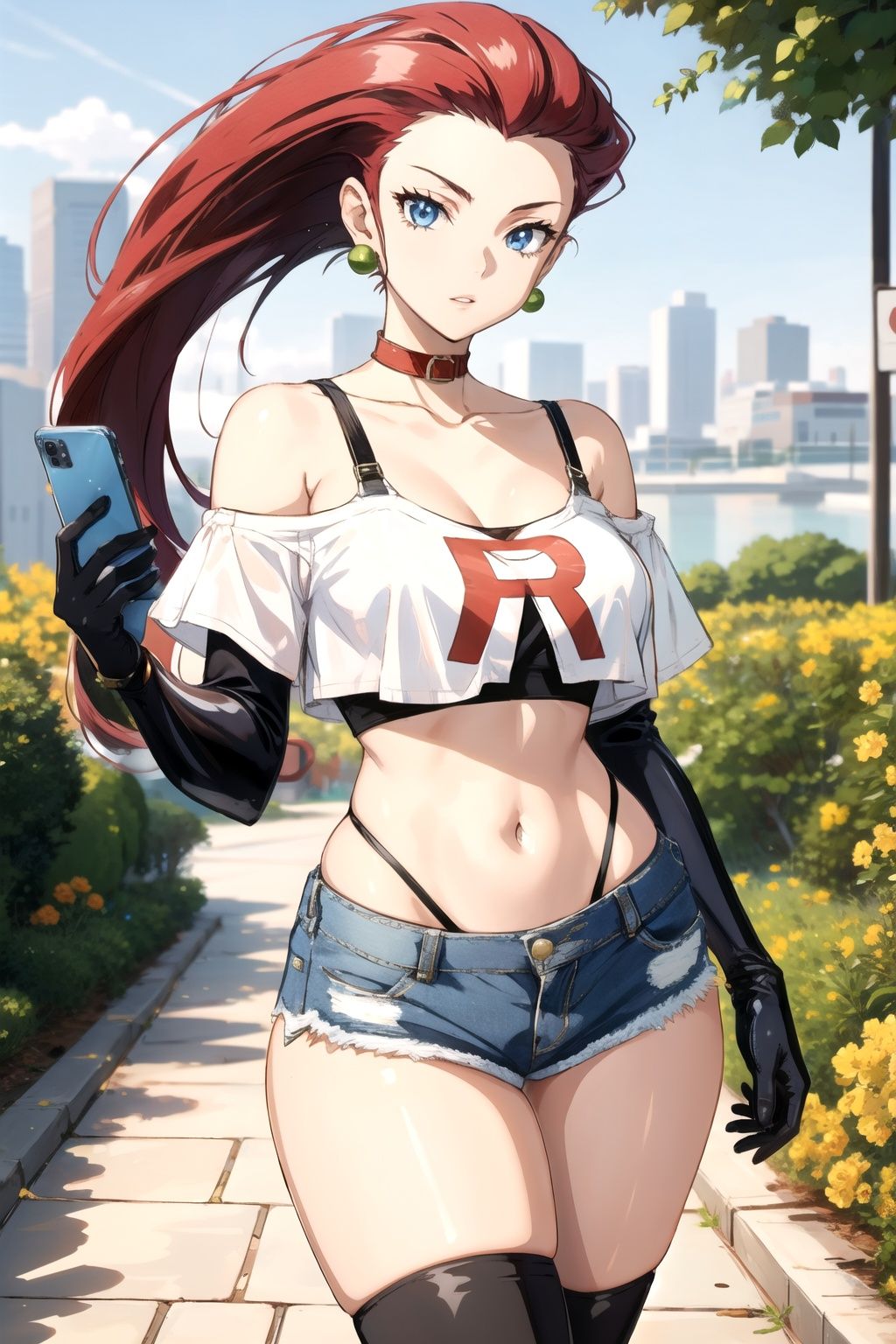 jessie pokemon,  micro shorts,  holding phone on Tensor.Art